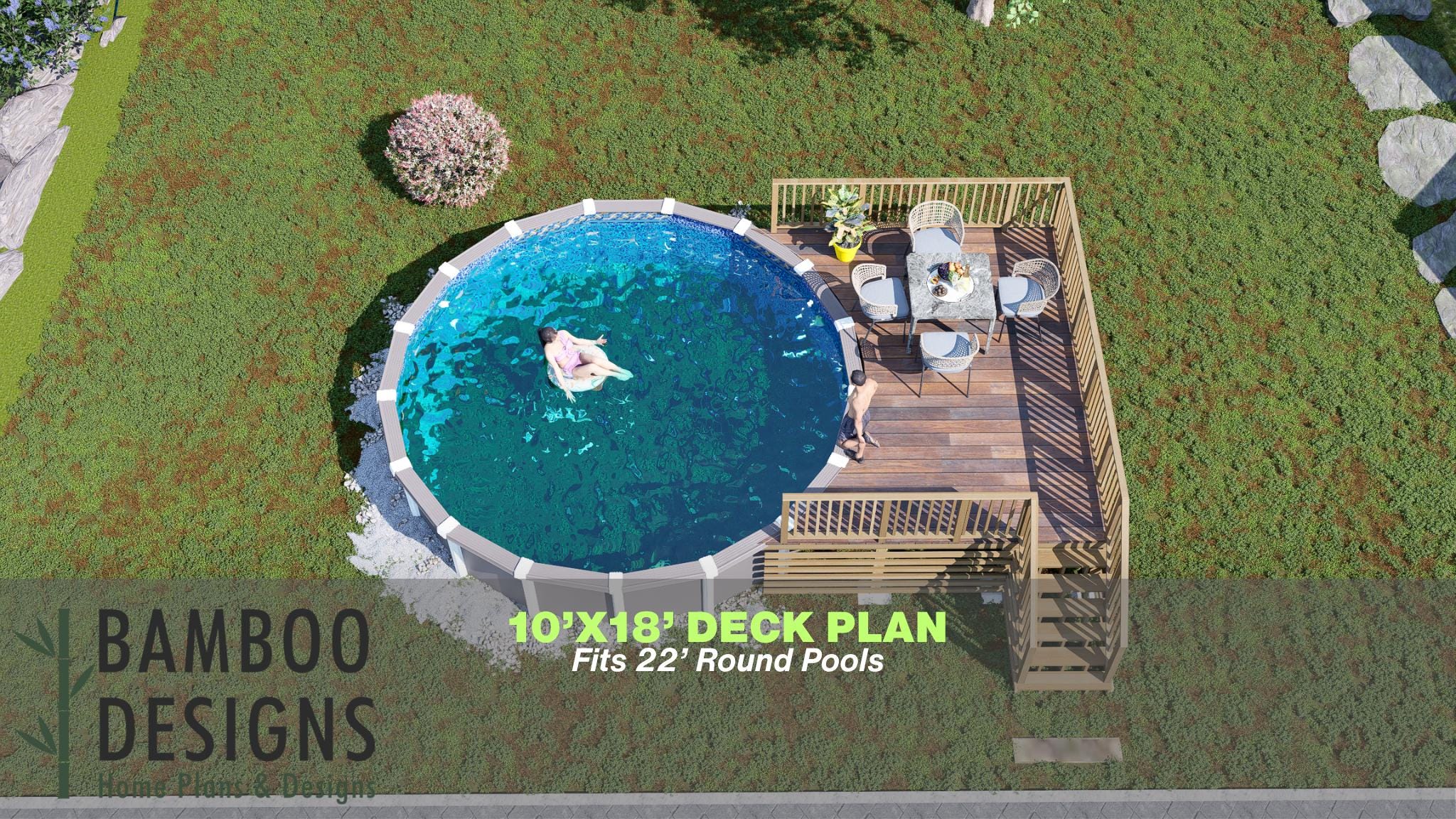 Image of Adalie Round Pool Deck Plan - 10x18 Above-Ground Pool Deck with Staircase | DIY PDF Plans