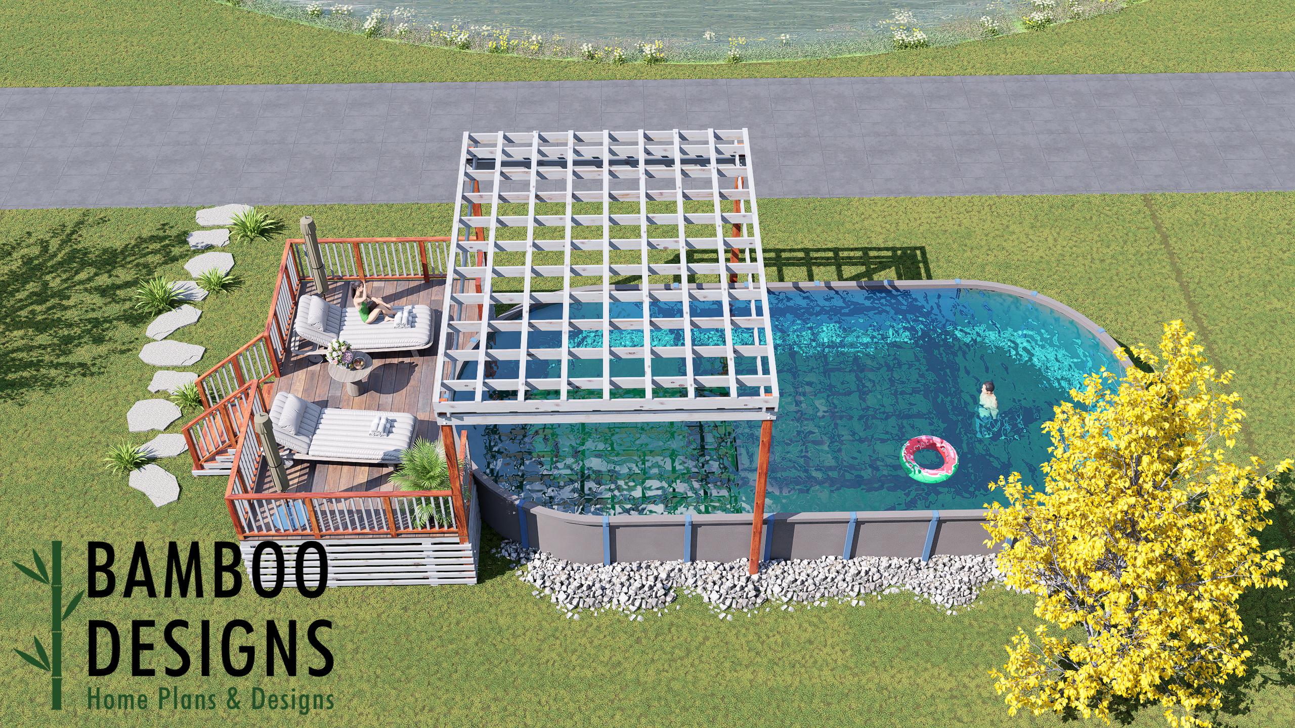 Image of Breckin Oval Pool Deck Plan – 12'x20' Above-Ground Pool Deck for 18'x40' Oval Pools with Staircase | DIY PDF Plans