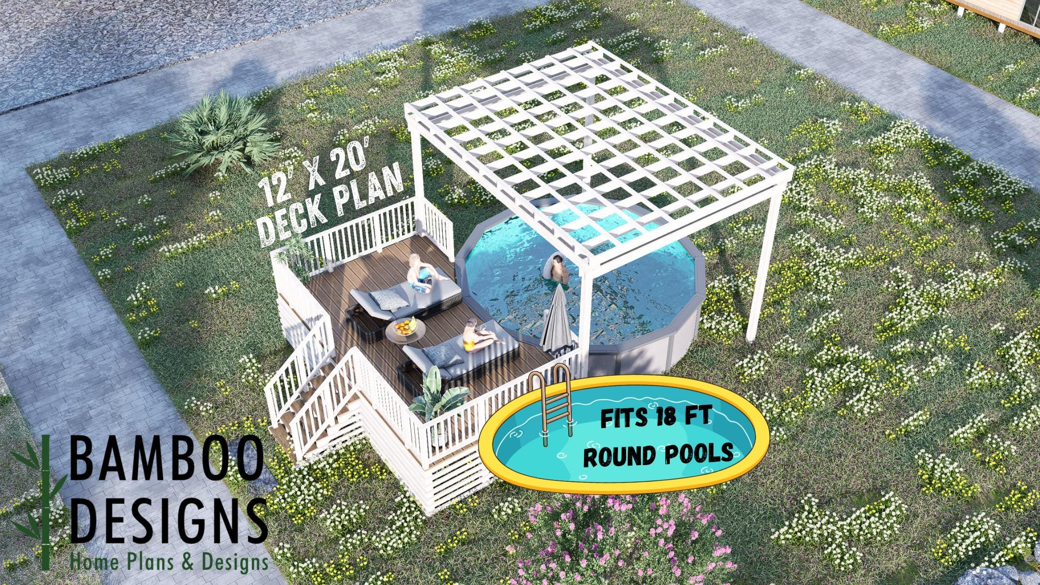 Image of Pasadena Circle Pool Deck Plan - 12x20 Deck with Pergola Over Pool | DIY PDF Plans