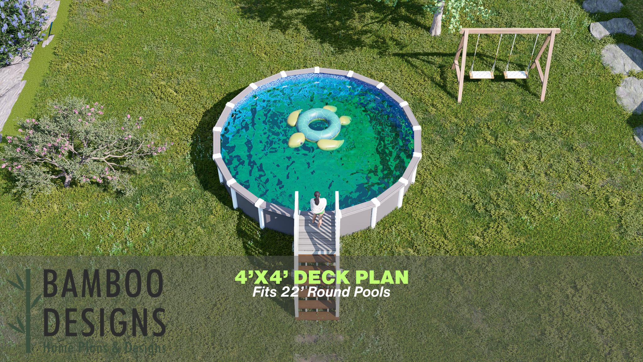 Plano de terraza para piscina Vedia: terraza de entrada compacta de 1,2 x 1,2 metros para piscinas redondas de 6,7 metros con acceso por escaleras / P