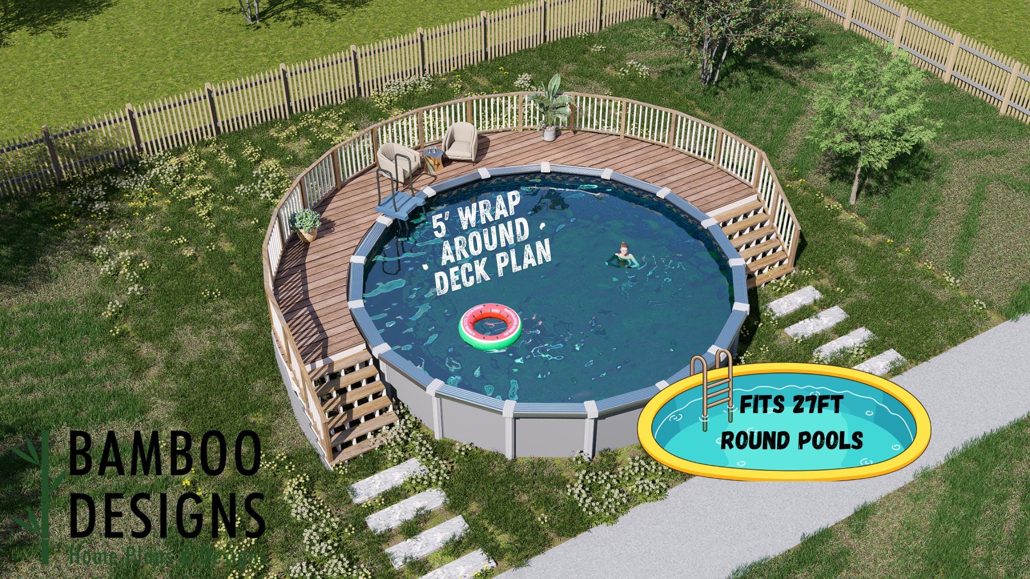 Image of Paradise Cove Semi-Circle Pool Deck Plan - A Resort-Style 5' Wide Above-Ground Pool Deck
