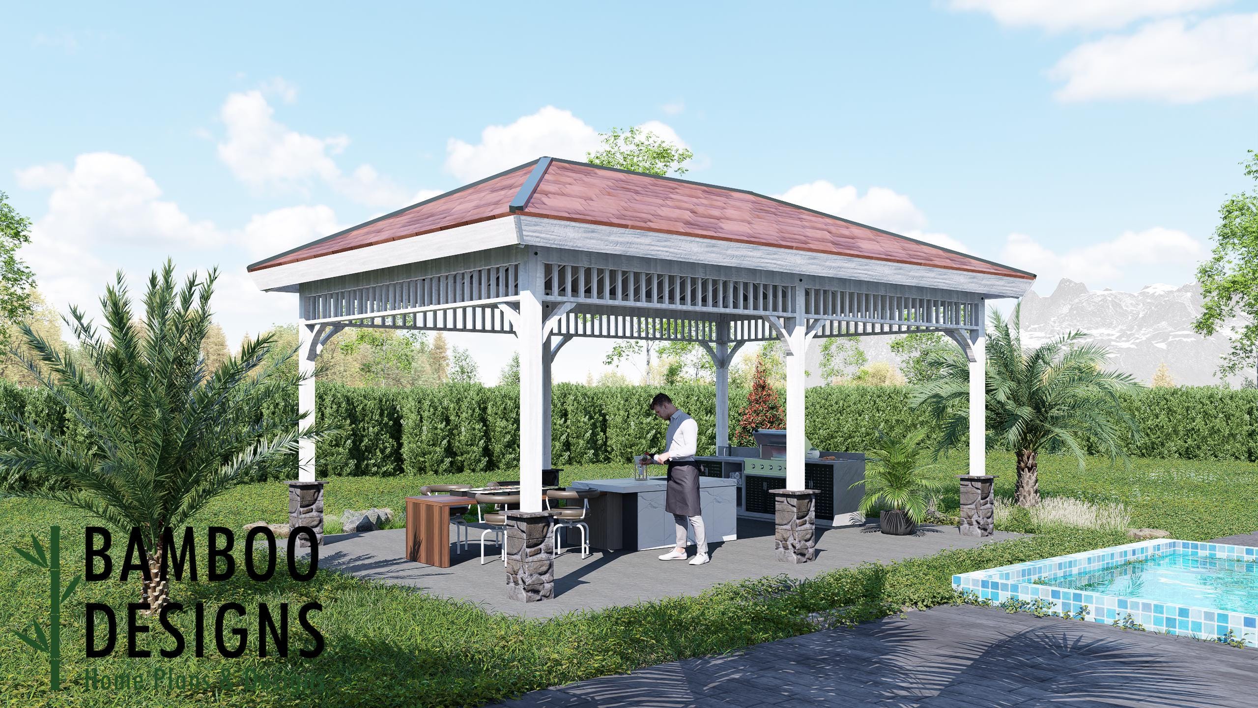 Image of Kosovo 16x24 Gazebo Plan - Hip Roof Outdoor Pavilion | DIY Backyard Kitchen, Lounge & Dining Space | PDF Building Plans