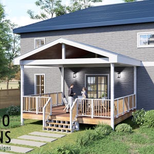 May include: Exterior view of a two-story house with a porch. The house has gray siding and a dark blue roof. The porch has a wooden deck and white railings. The image includes the text "BAMBOO DESIGNS Home Plans & Designs."