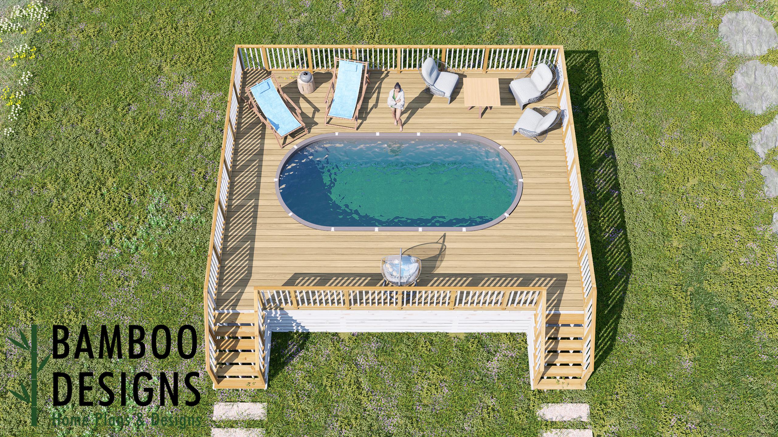 Image of Witherspoon Oval Pool Deck Plan - 24x29 Luxury Above-Ground Pool Deck with 5-Step Staircase | DIY PDF Plans