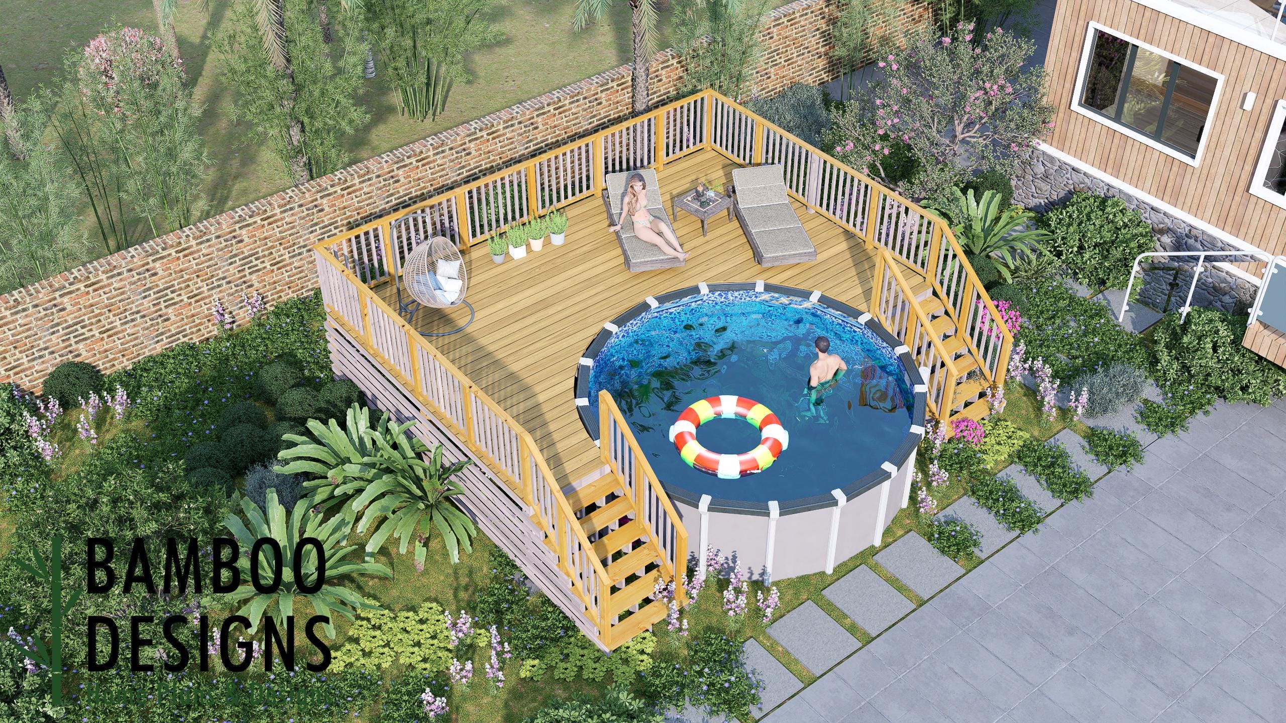 Image of Kiko Circle Pool Deck Plan - 16x23 Large Above-Ground Pool Deck with Staircase | DIY PDF Plans for 14' Round Pools