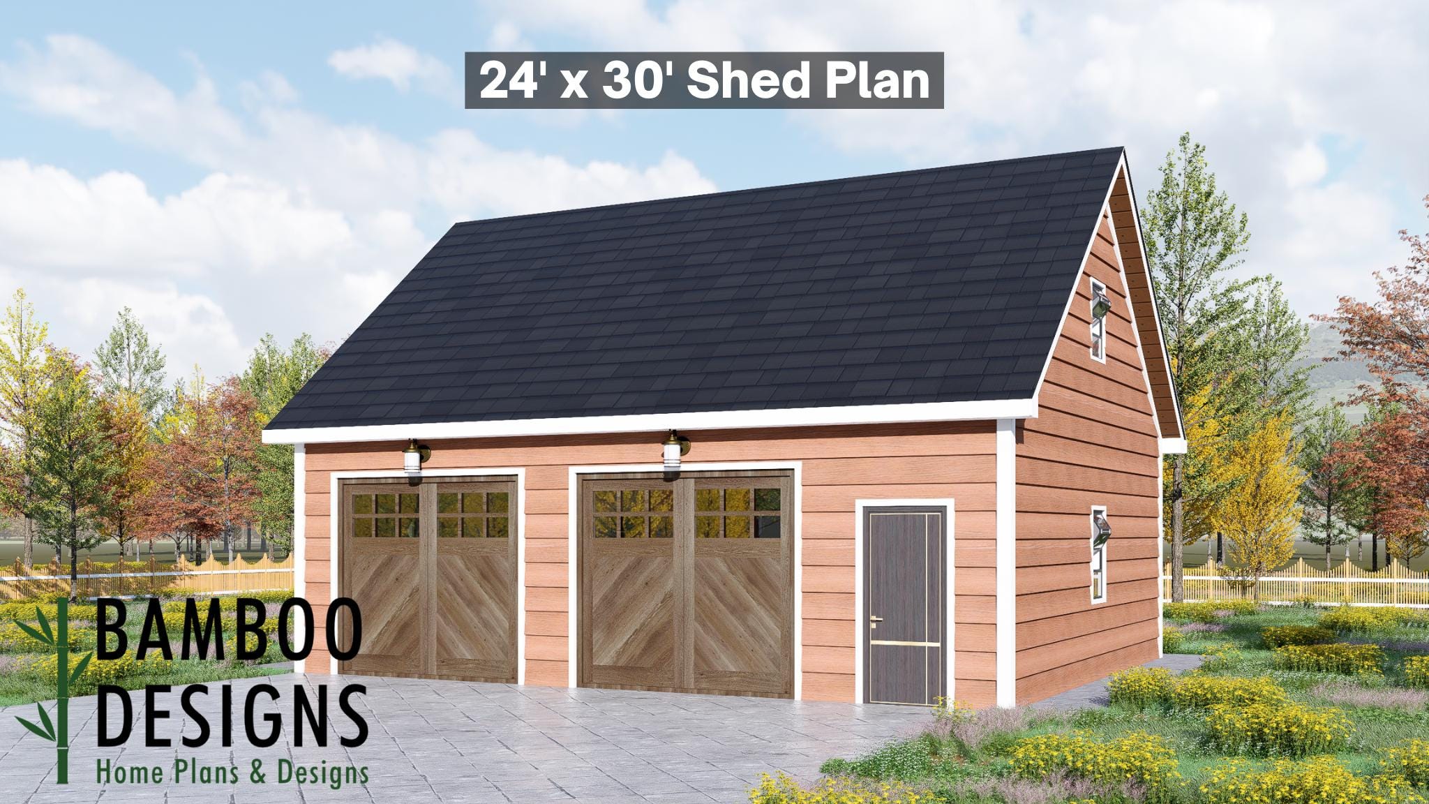 Image of Peach 24x30 Garage Shed Plan - A Rustic-Modern Garage with Warm Siding & Carriage Barn Doors
