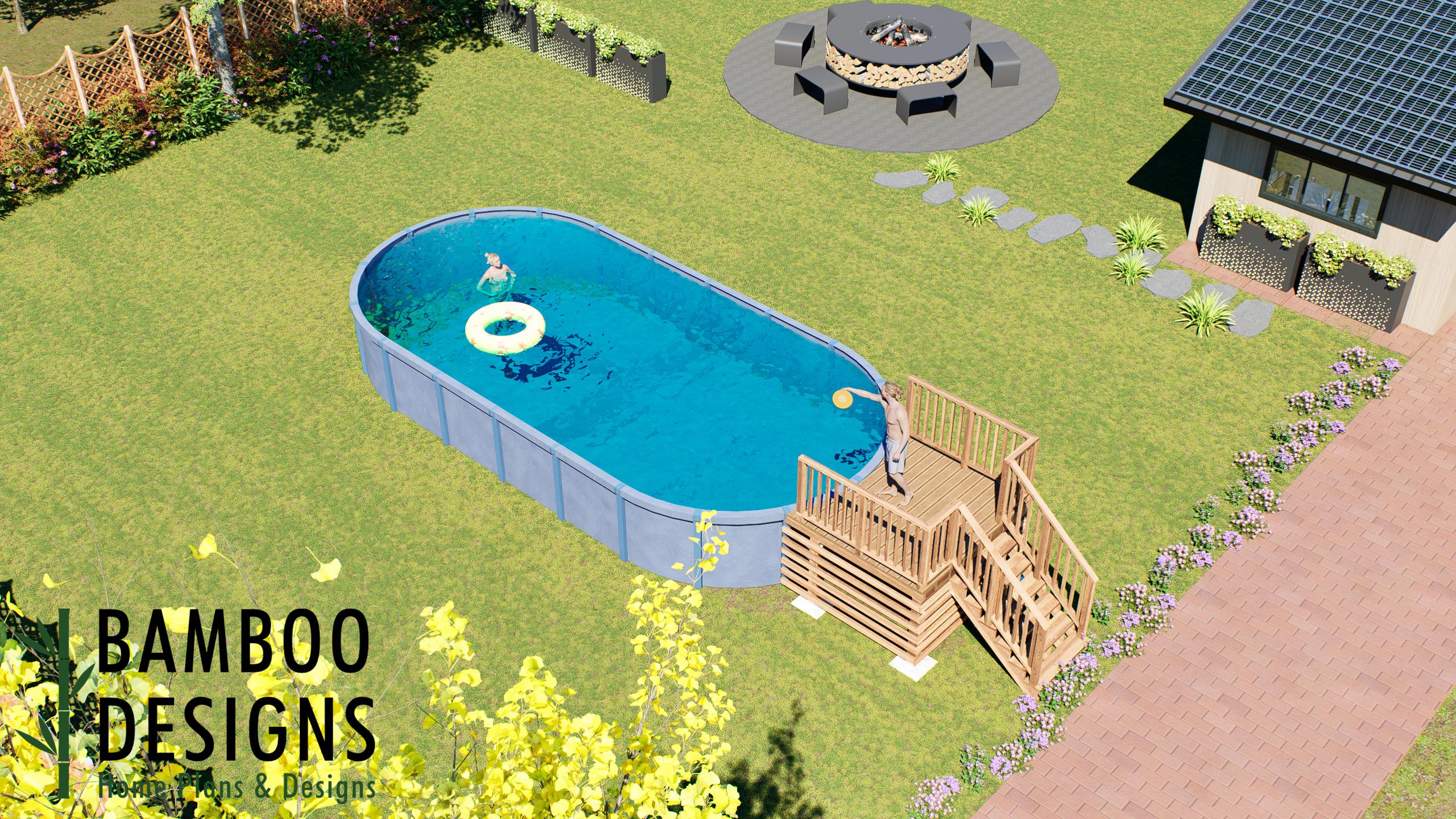 Image of Wilhelm Oval Pool Deck Plan - 6' x 8' Compact Above-Ground Pool Entry Deck for 16' x 32' Oval Pools with Staircase | DIY PDF Plans