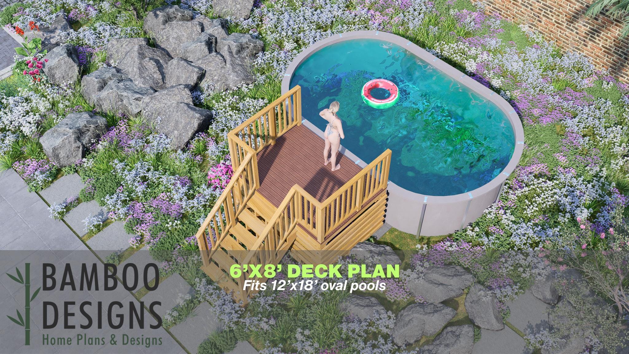 Image of Rosalie Oval Pool Deck Plan - 6x8 Above-Ground Pool Entry Deck for 12x18 Oval Pools with Staircase | DIY PDF Plans