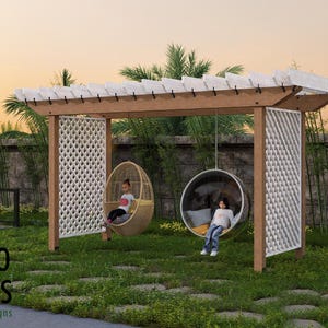 May include: A wooden pergola with two hanging chairs in a garden setting. One chair is a woven basket design, the other is a clear bubble. The image includes the text "BAMBOO DESIGNS Home Plans & Designs".