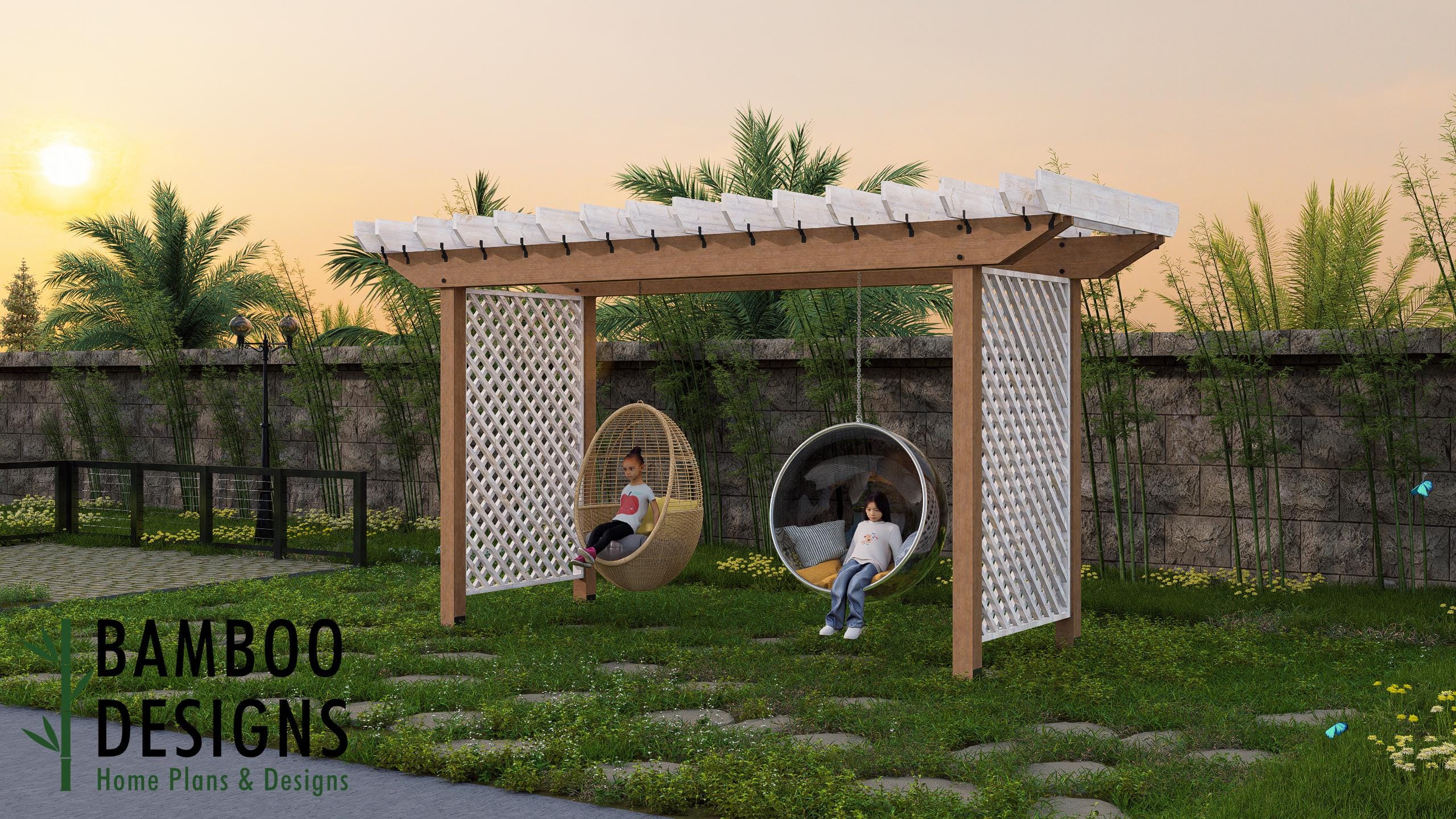 Image of Sunset Swing Pergola Plan - 6x15 Pergola with Lattice Sides | DIY Outdoor Pergola for Hanging Chairs & Swings
