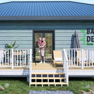 Puede incluir: Vista exterior de una casa con tejado azul y revestimiento azul claro. Una terraza de madera con barandillas y escaleras blancas conduce a la puerta principal. El texto "BAMBOO DESIGNS Home Plans & Designs" es visible.
