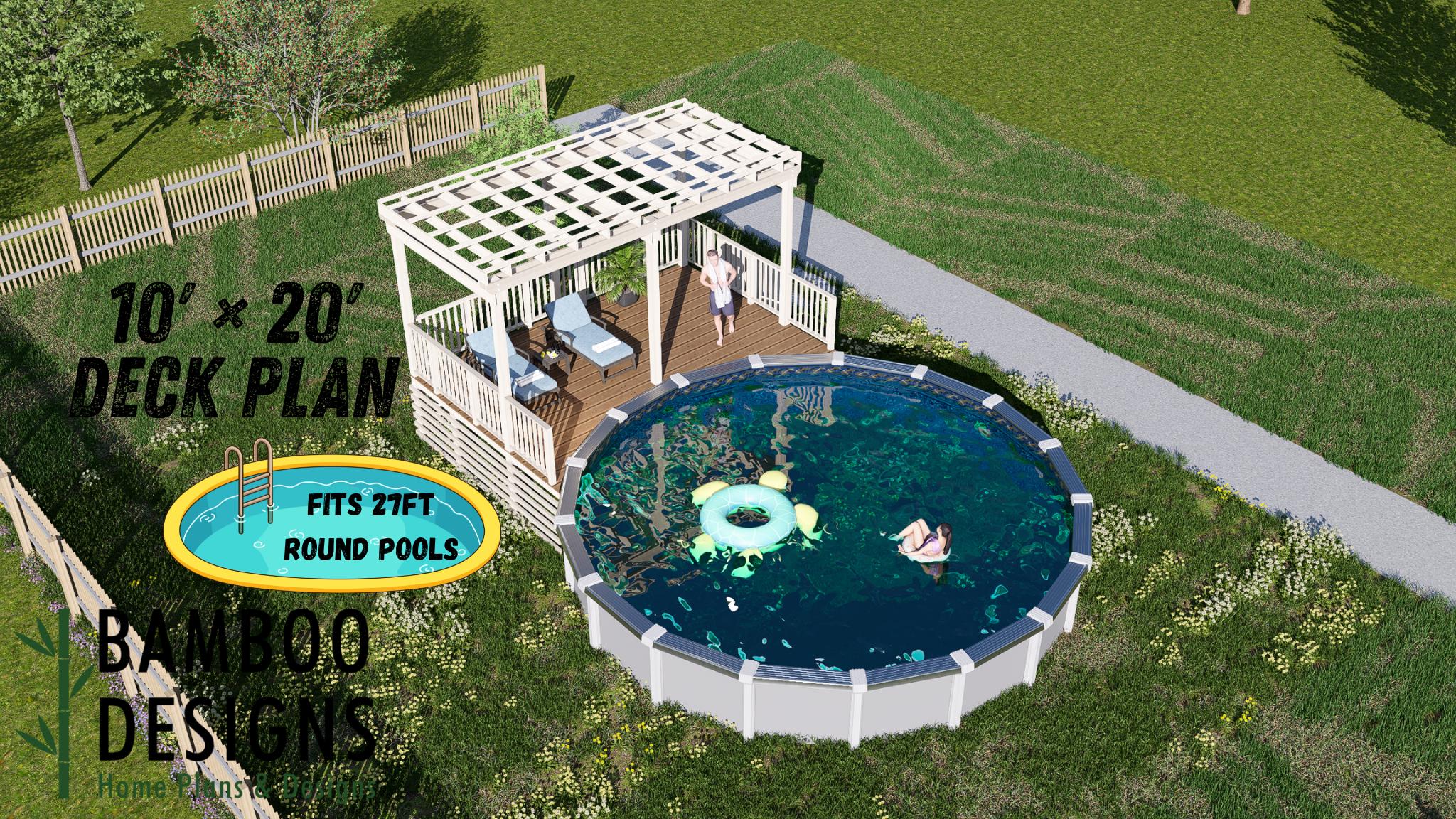 Plano de terraza de piscina circular Mango Bay: terraza elevada de 10 x 20 para piscinas elevadas / Planos en PDF para bricolaje