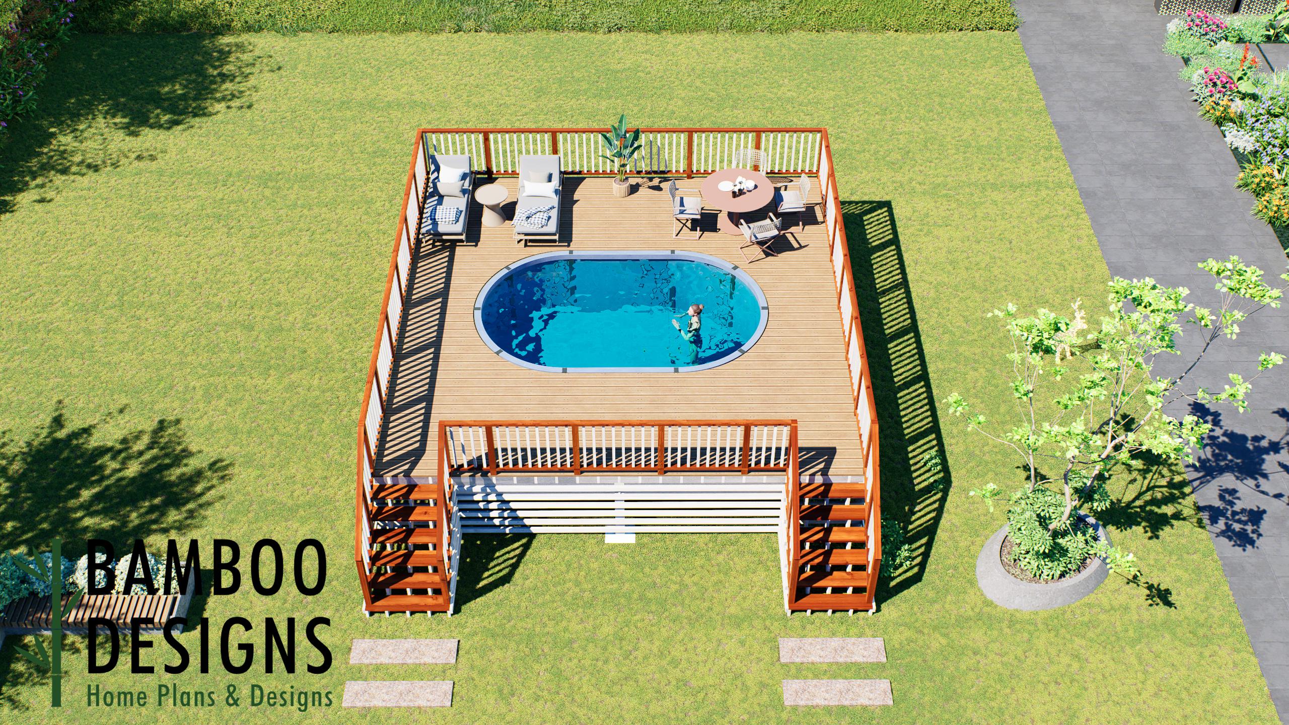 Image of Halan Oval Pool Deck Plan - 24' x 24' Above-Ground Pool Deck for 10' x 16' Oval Pools with Staircase | DIY PDF Plans