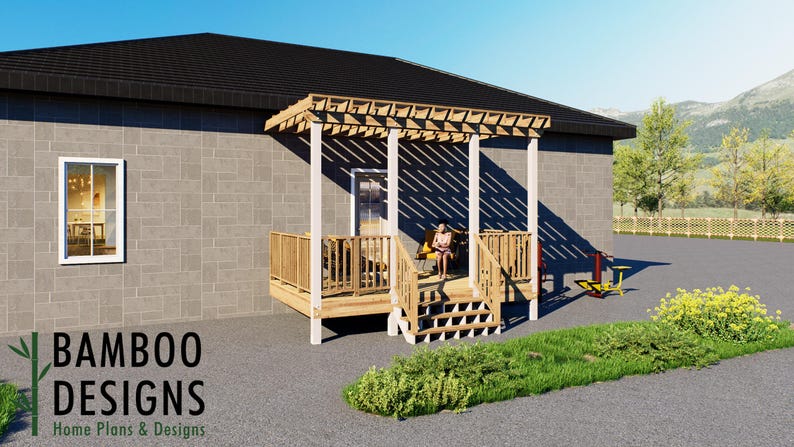 Ochoa 10x16 Attached Deck Plan Elegant Pergola-Covered Backyard Entertainment Space plan by Bamboo Designs