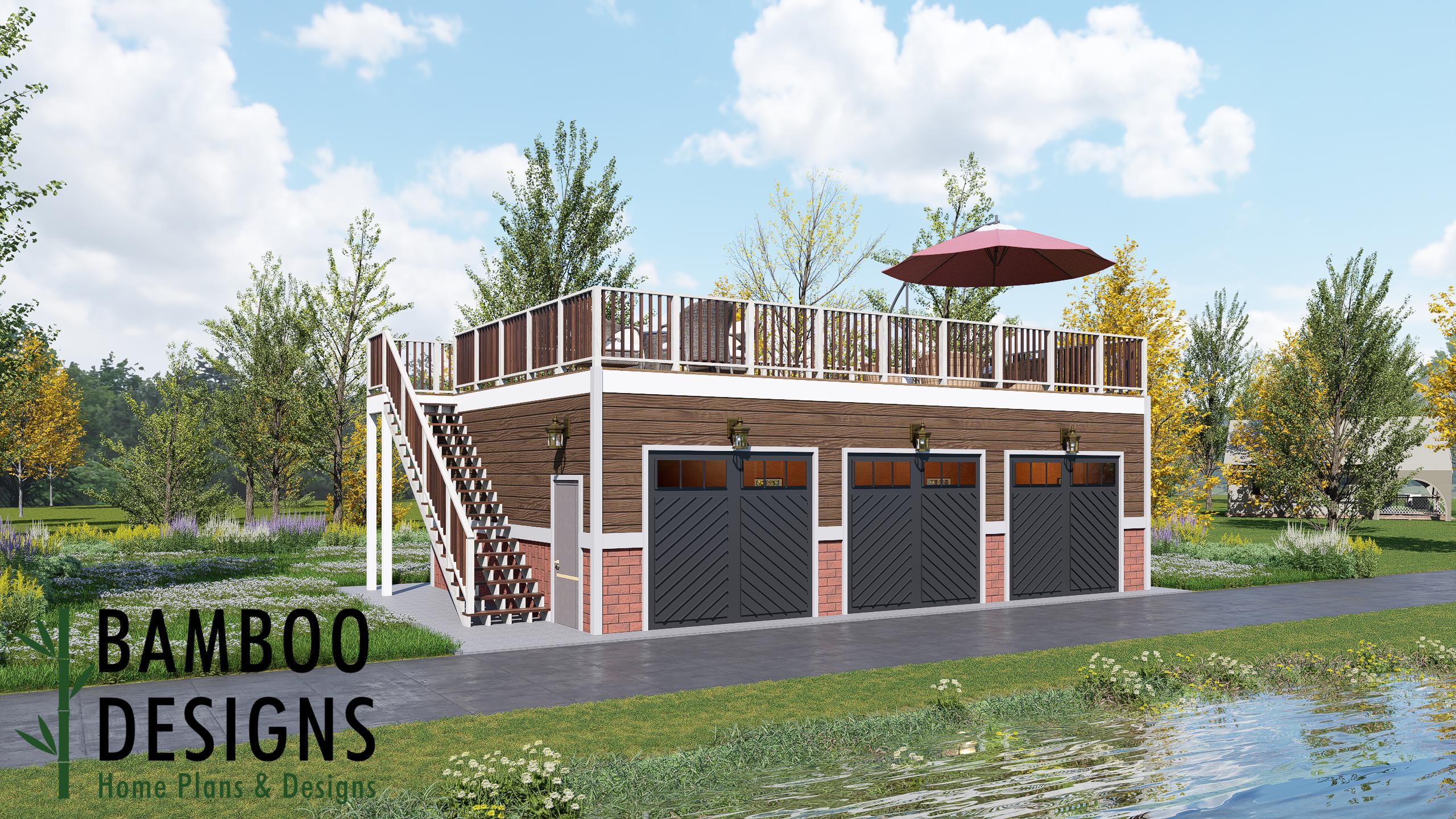 Image of Merlot 24x36 Garage Shed Plan - Two to Three Car Garage with Deck Above | DIY PDF Plans, Rooftop Deck Garage, Large Workshop Build