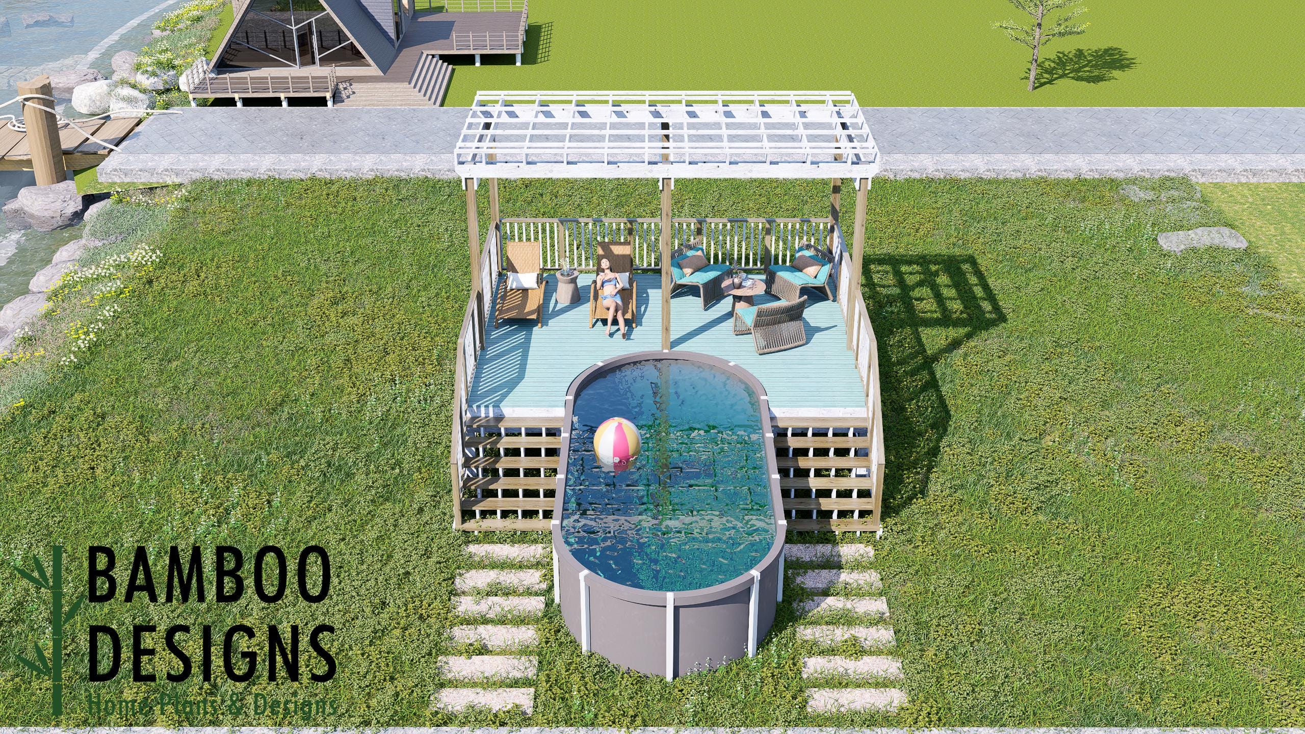 Image of Oswalt Oval Pool Deck Plan - 16x20 Spacious Above-Ground Pool Deck with 5-Step Staircase | DIY PDF Plans