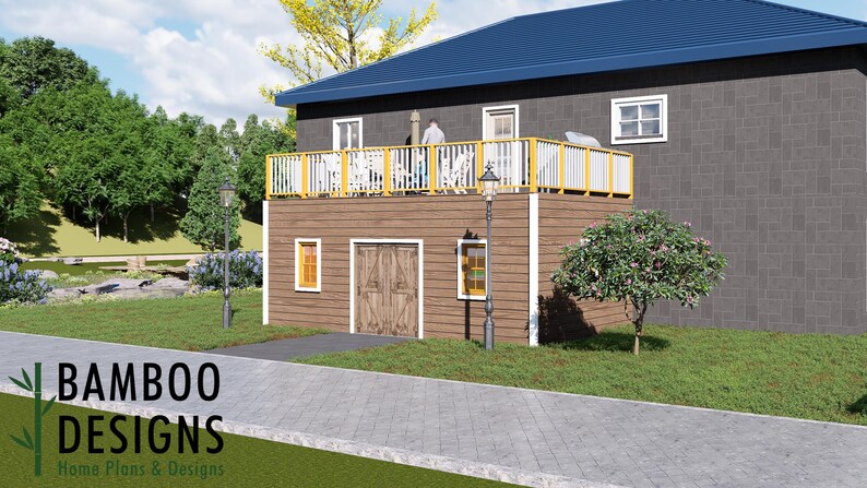 Crisp Fall 16x24 Shed with Deck Above plan by Bamboo Designs