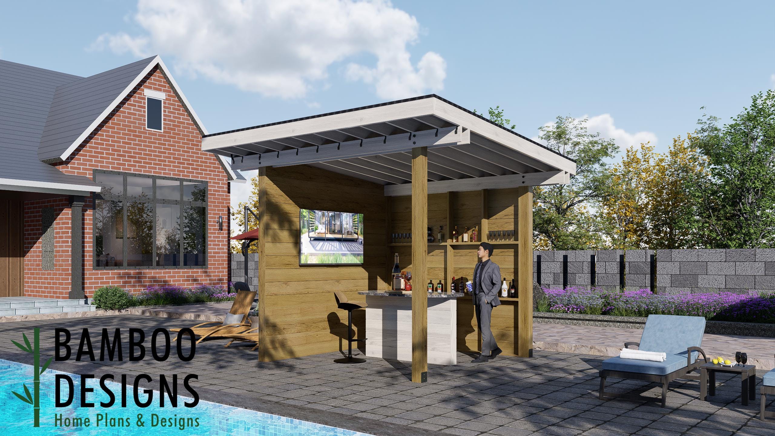 Image of Highland Retreat Outdoor Bar Plan - Rustic Pergola with Serving Station | DIY Backyard Pub PDF | Wall for TV