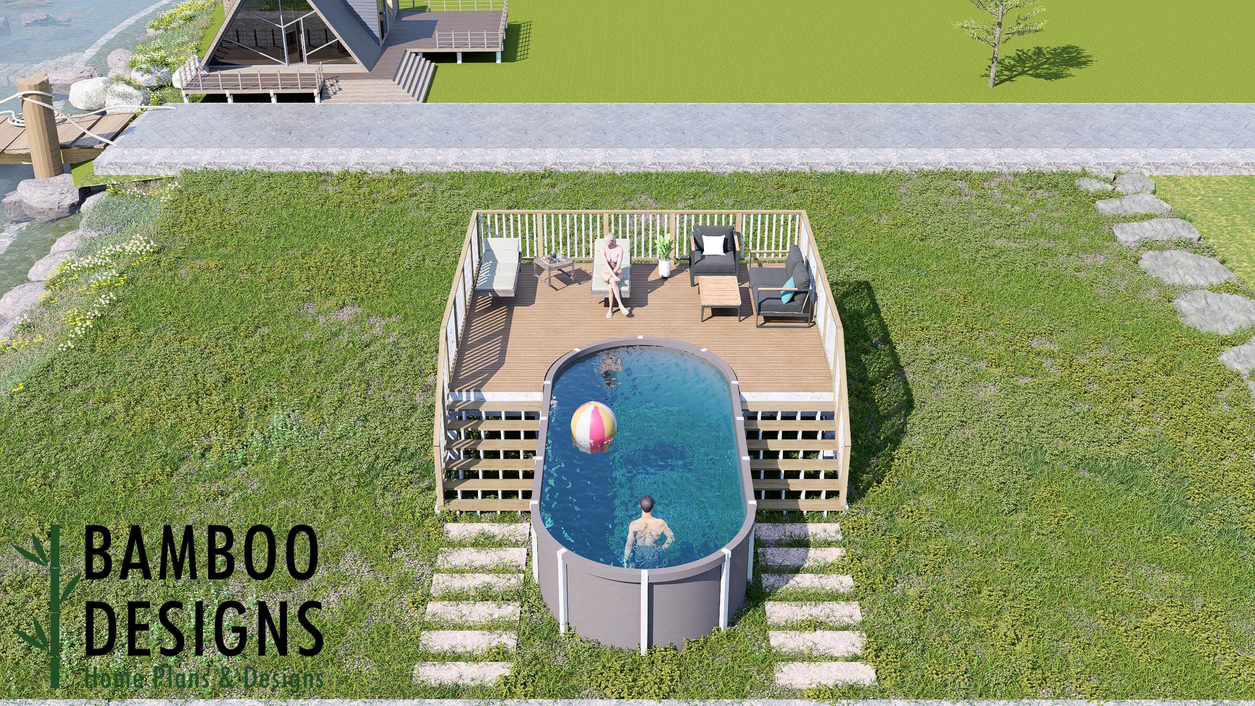 Image of Murphy Oval Pool Deck Plan - 16x20 Spacious Above-Ground Pool Deck with 5-Step Staircase | DIY PDF Plans