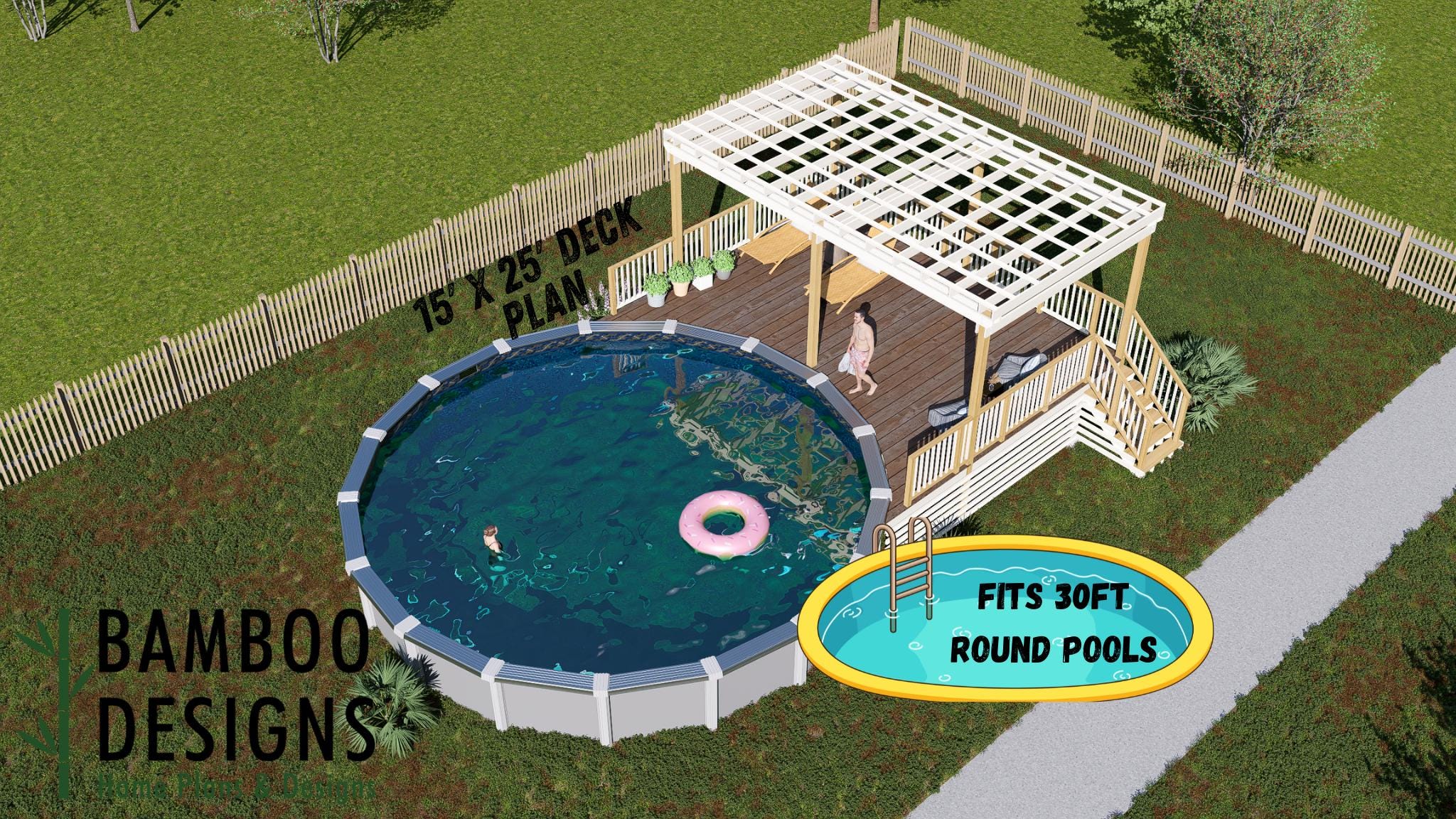 Image of Marina Bay Sands - 30' Round Pool Deck Plan | 15x25 Elevated Deck with Stair Entry | DIY PDF Blueprint