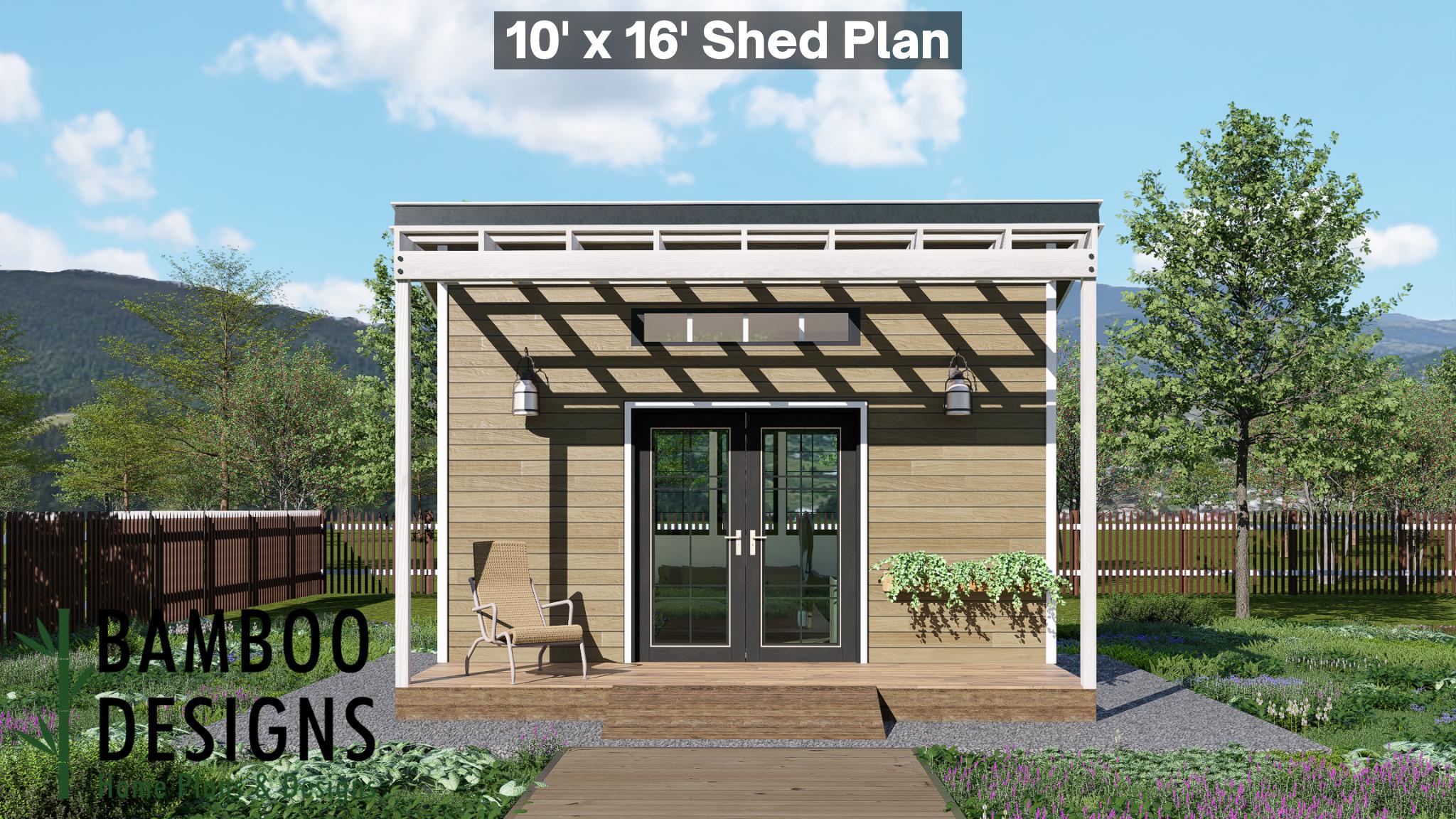Image of Ether 10x16 Backyard Office Shed Plan - Modern Studio with Pergola | DIY Home Office or Garden Studio (PDF)