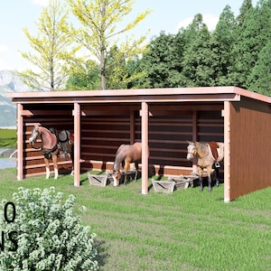Puede incluir: Un refugio para caballos de madera marrón de tres bahías con techo plano, con tres caballos parados dentro comiendo de comederos de madera. El texto BAMBOO DESIGNS Home Plans & Design es visible en la esquina inferior izquierda.