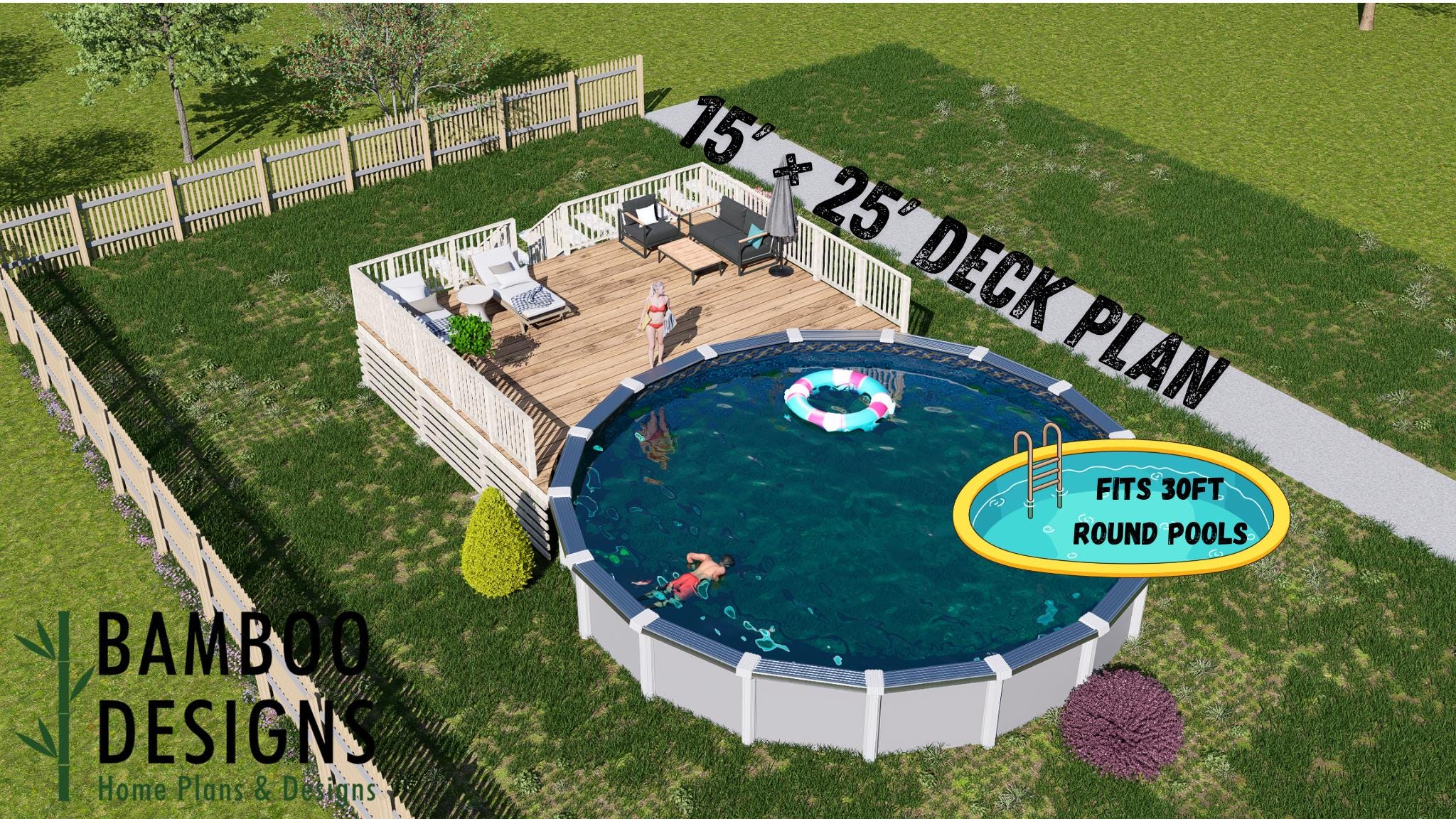 Image of Aqua Haven - 30' Round Pool Deck Plan | 15x25 Elevated Deck with Stair Entry | DIY PDF Blueprint