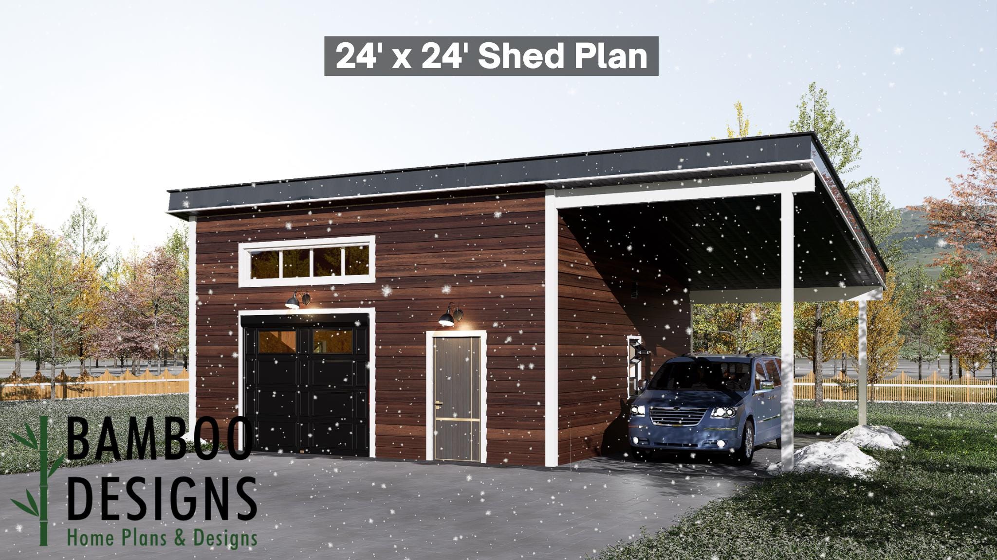 Image of Roux 24x24 Garage Shed Plan - A Modern Lean-To Garage with Warm Contemporary Style