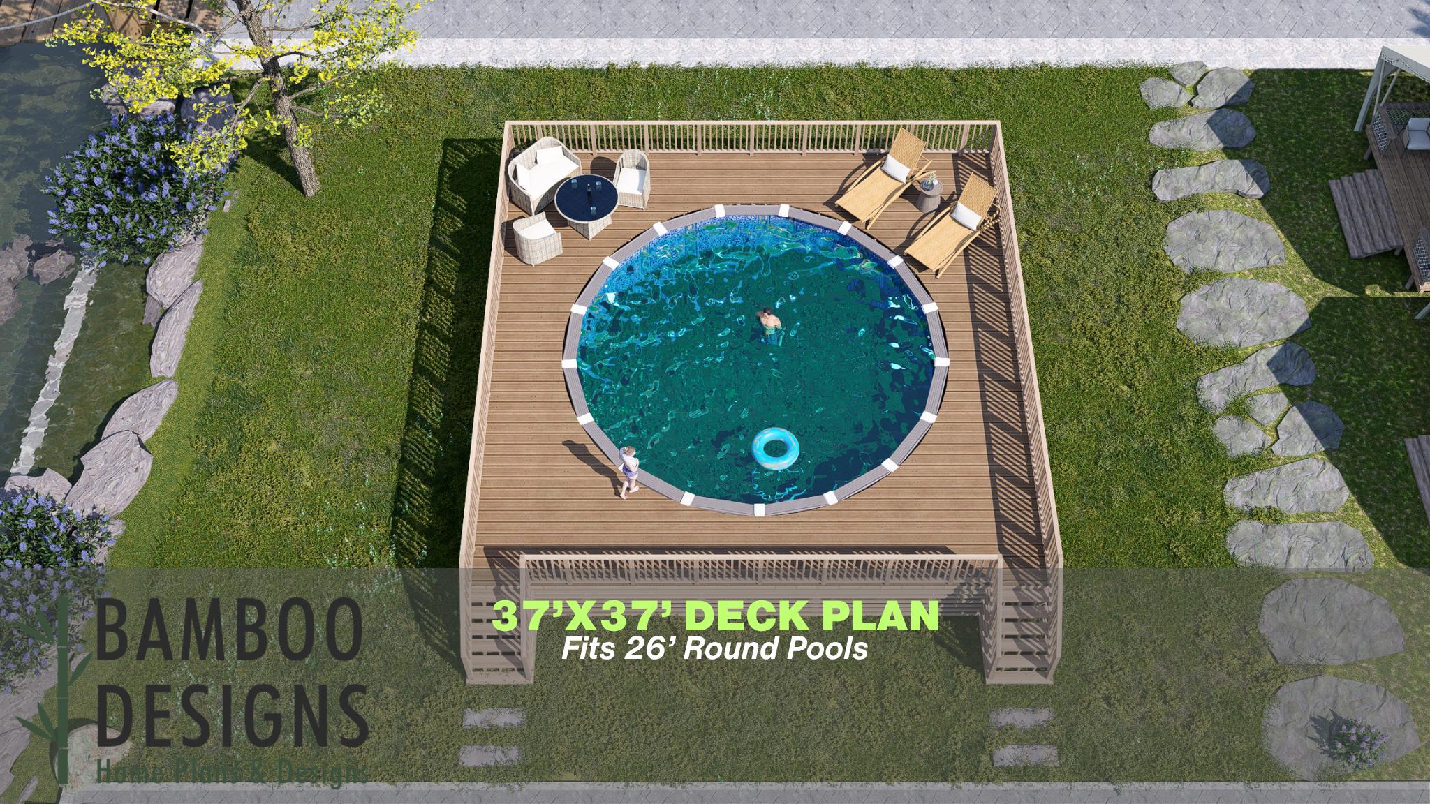 Image of Snape Pool Deck Plan – 37x37 Large Square Above-Ground Pool Deck for 26’ Round Pools | DIY PDF Plans with Staircase & Full Railing Design