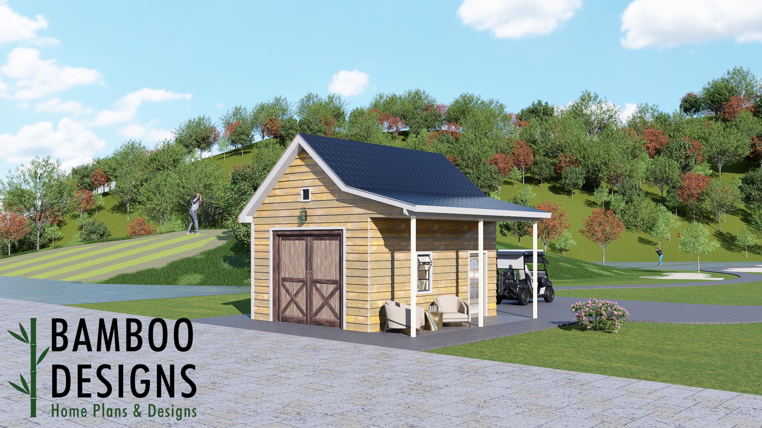 Image of Yamcha Golf Cart Shed Plan — 16x20 Modern Golf Cart Storage Building | DIY PDF Plans