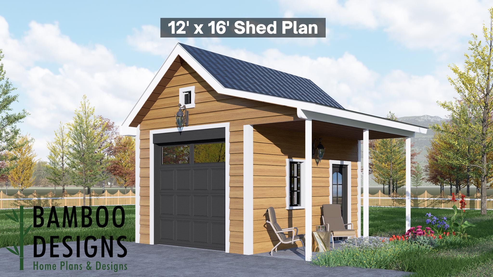Image of Farrah 12x16 Garage Shed Plan - A Compact Garage and Porch Retreat Designed for Charm, Utility & Everyday Function
