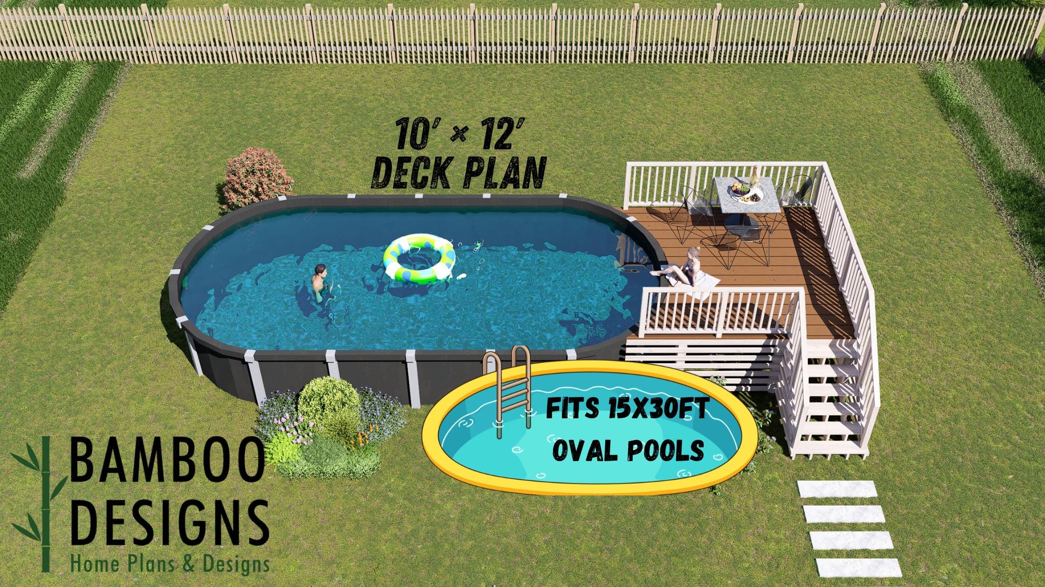 Image of Opaline Oval Pool Deck Plan - 10x12 Pool Deck for 15x30 Oval Pools | DIY PDF Plans