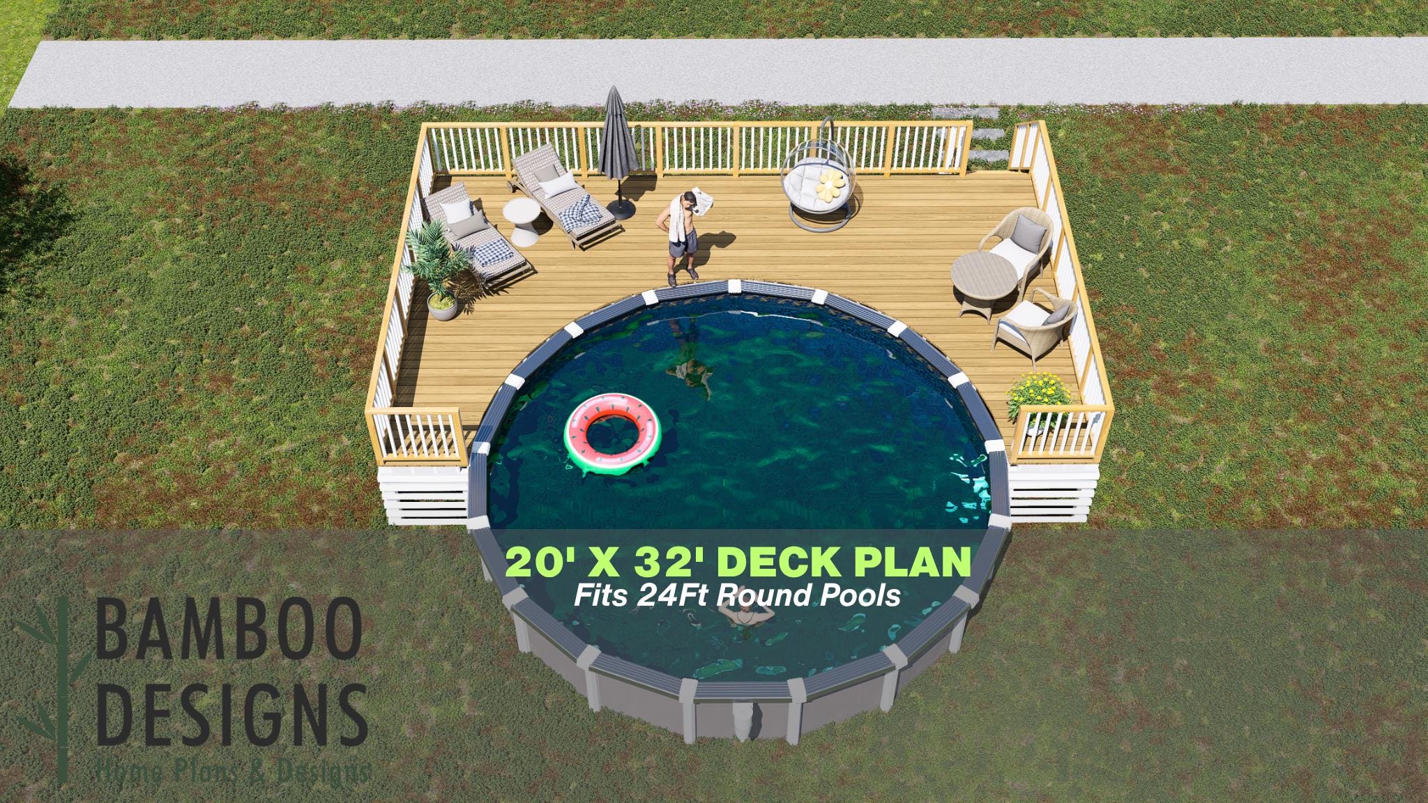 Casani Bay Pool Deck Plan - 20x32 Wrap-Around Deck for 24' Round Above-Ground Pools
