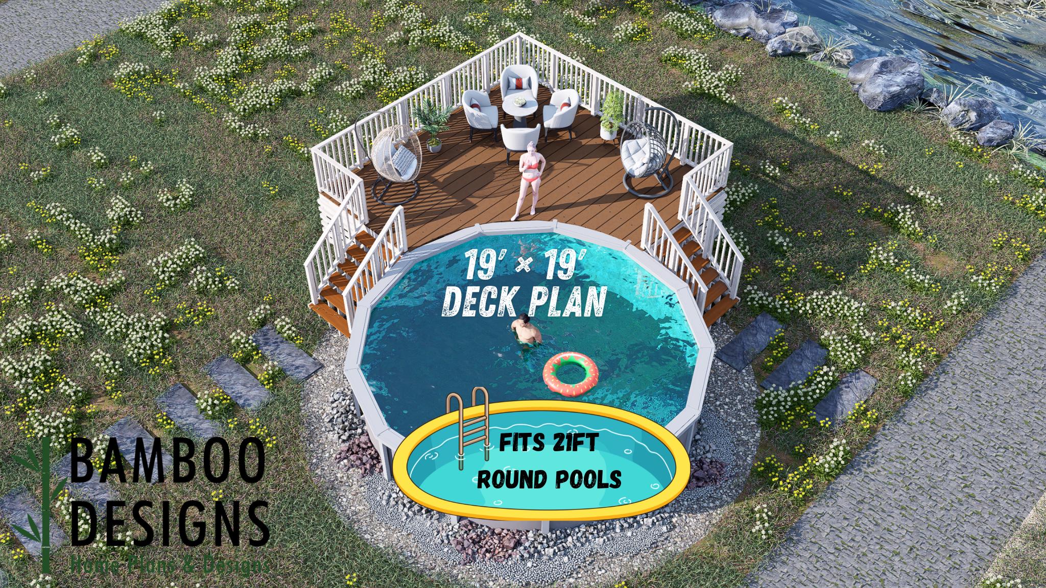 Image of Palm Gardens Circle Pool Deck Plan - 19x19 Elevated Deck with Dual 6-Step Staircases | DIY PDF Plans