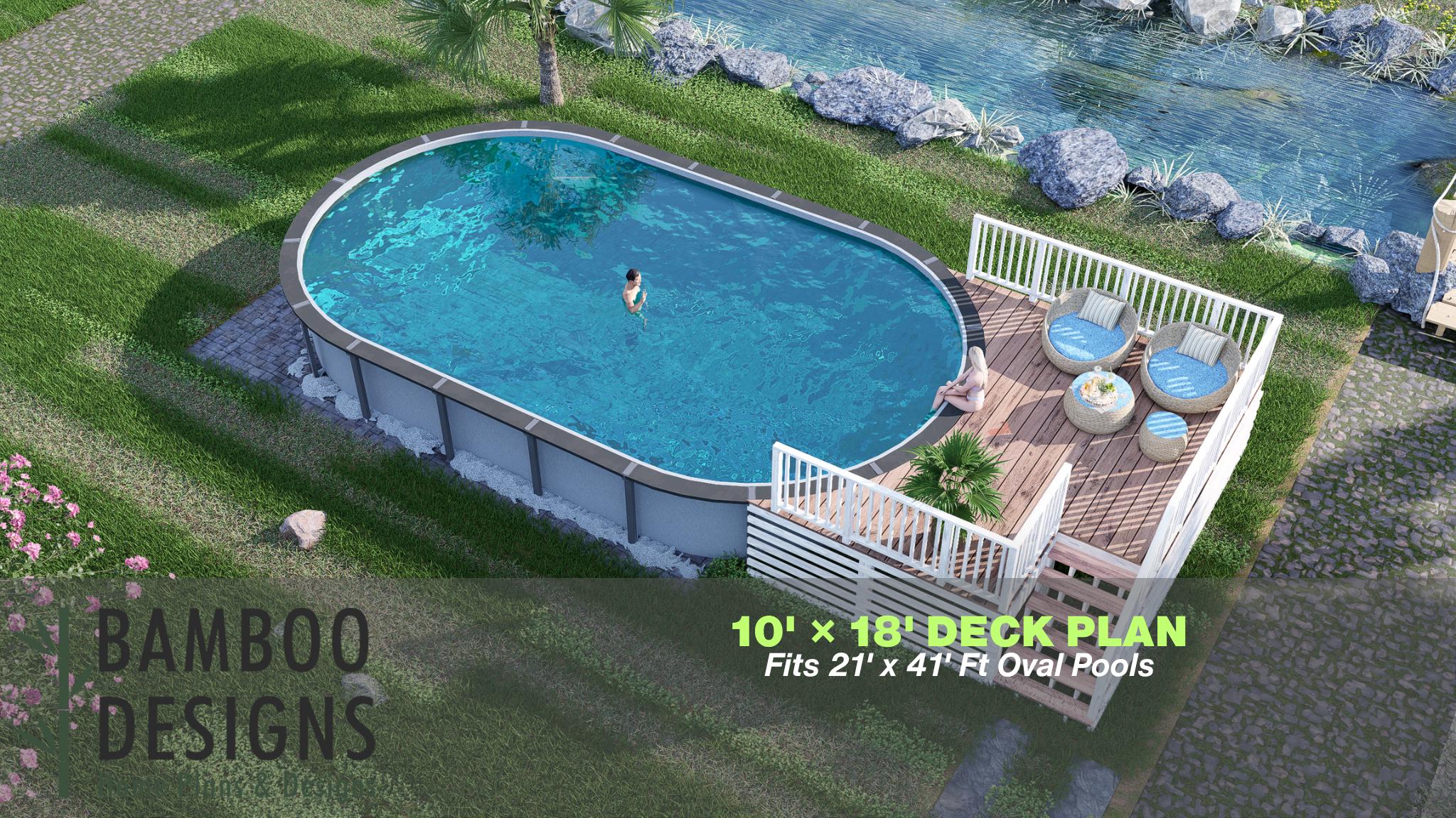 Image of Salinas Oval Pool Deck Plan - 10x18 Elevated Deck with 6-Step Entry | DIY PDF Plans