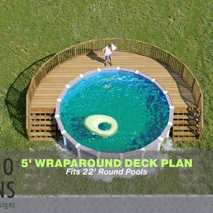 Moriko Pool Deck Plan - 5 'umlaufender oberirdischer Pool Deck für 22' runde Pools mit Treppenzugang | DIY PDF Pläne