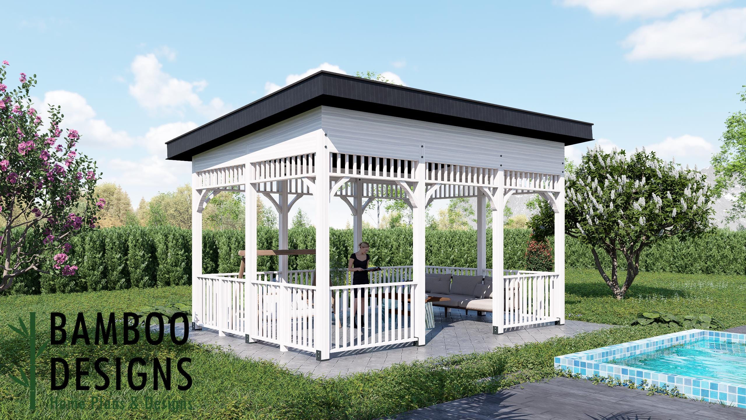 Image of Pisa 14x20 Gazebo Plan - Modern Flat Roof Pavilion | DIY Outdoor Lounge & Patio Shelter | Backyard Entertainment PDF