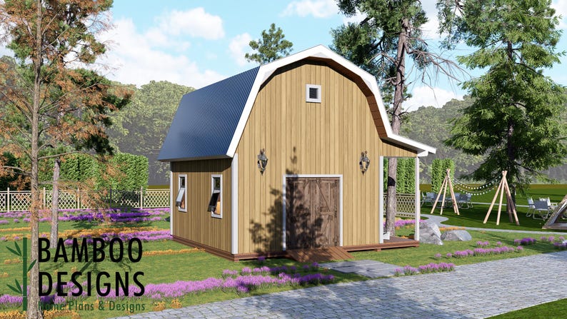 Bitterroot 16x18 Gambrel Roof Shed Plan — Classic Barn-Style Storage & Workshop plan by Bamboo Designs