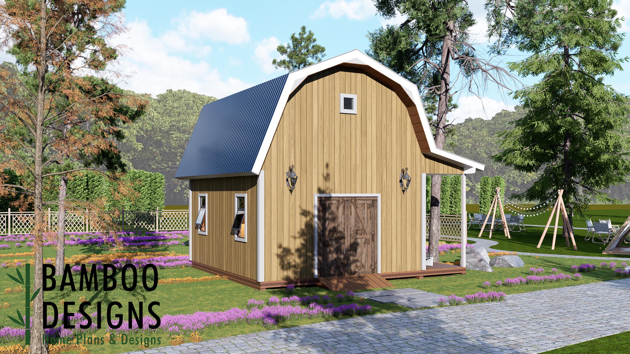 Image of Bitterroot 16x18 Gambrel Roof Shed Plan — Classic Barn-Style Storage & Workshop | DIY PDF Plans