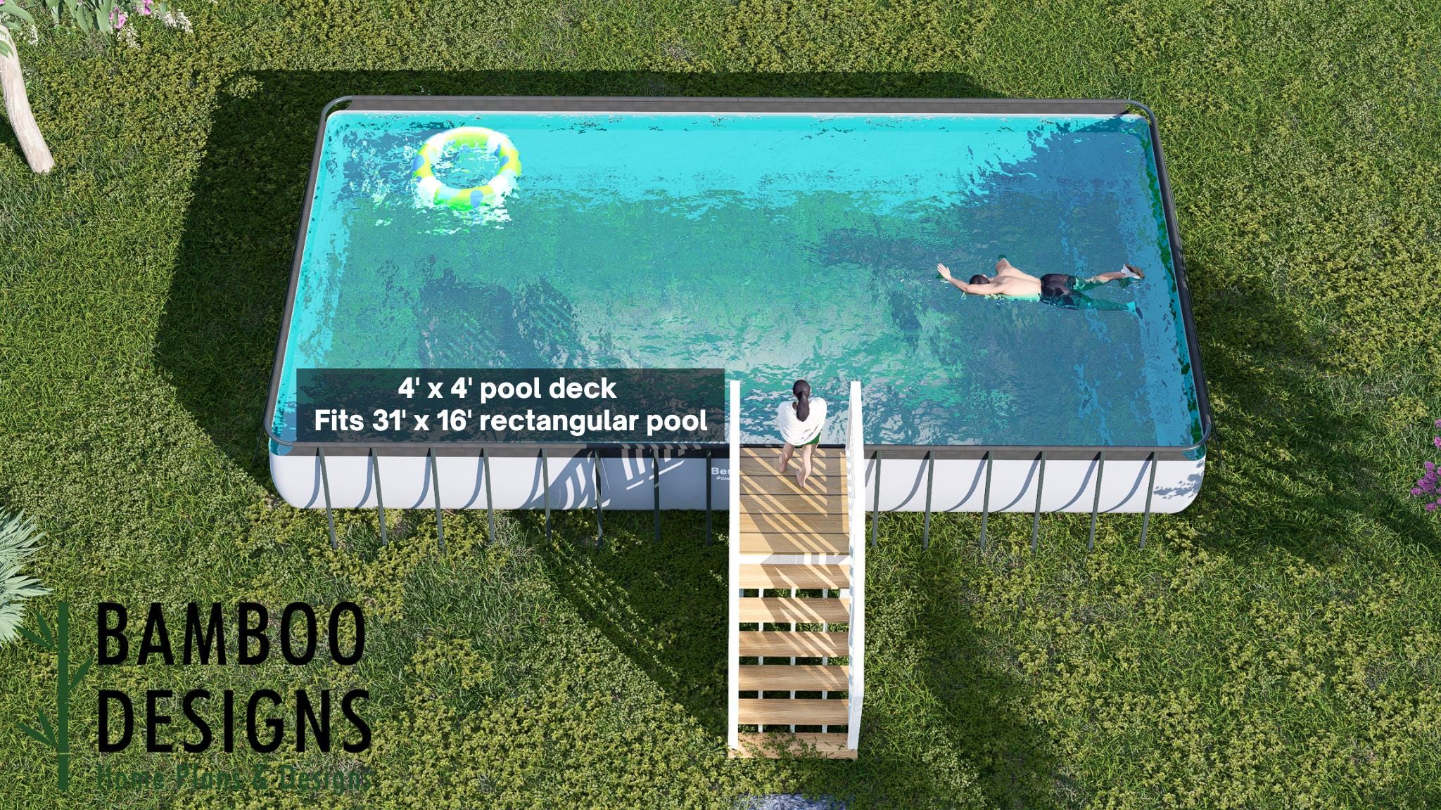 Image of Oakstead 4x4 Rectangle Pool Deck Plan - Compact Above-Ground Pool Entry with 6-Step Staircase | DIY PDF Plans