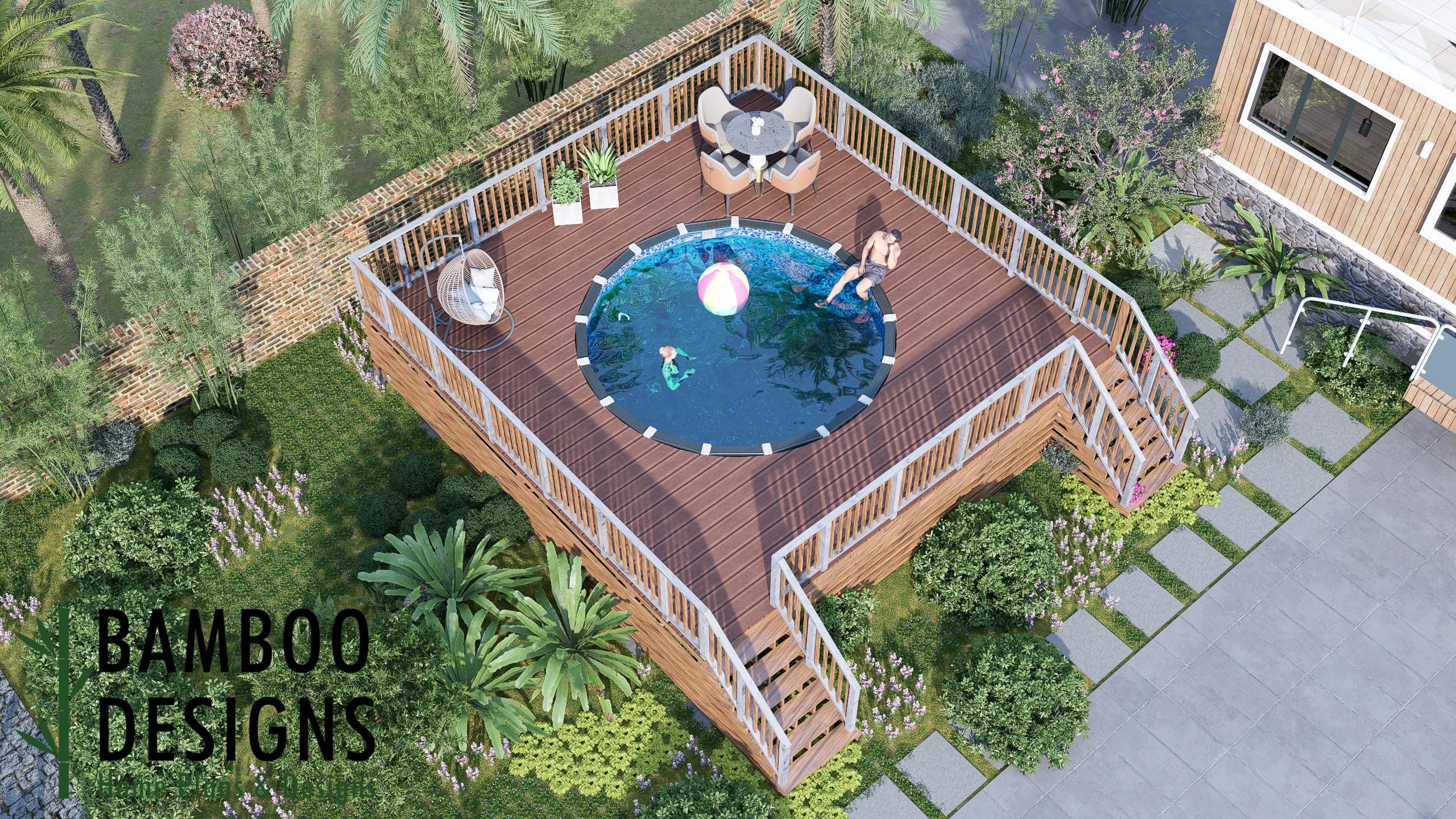 Image of Marigold Circle Pool Deck Plan - 25x25 Large Above-Ground Pool Deck with Staircase | DIY PDF Plans for 14' Round Pools