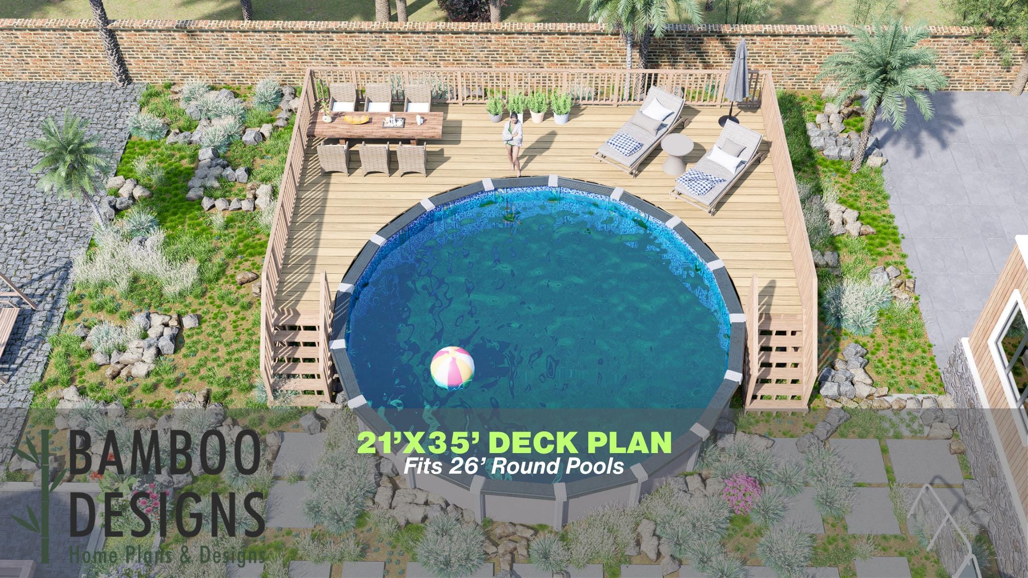 Image of Albus Pool Deck Plan - 21x35 Large Above-Ground Pool Deck for 26' Round Pools | DIY PDF Plans with Staircase & Full Railing Design