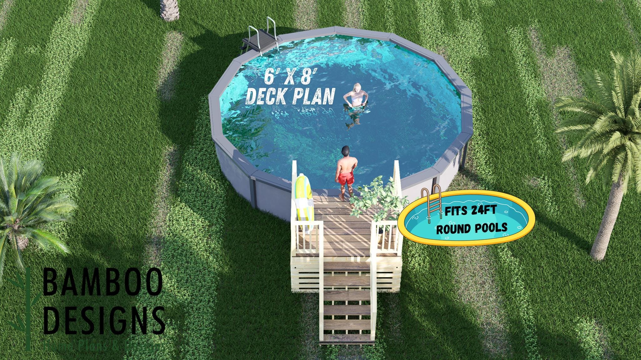 Image of Sycamore Cove 6x8 Circle Pool Deck Plan - Compact Above-Ground Pool Entry with Railing & Stair Access | DIY PDF Plans