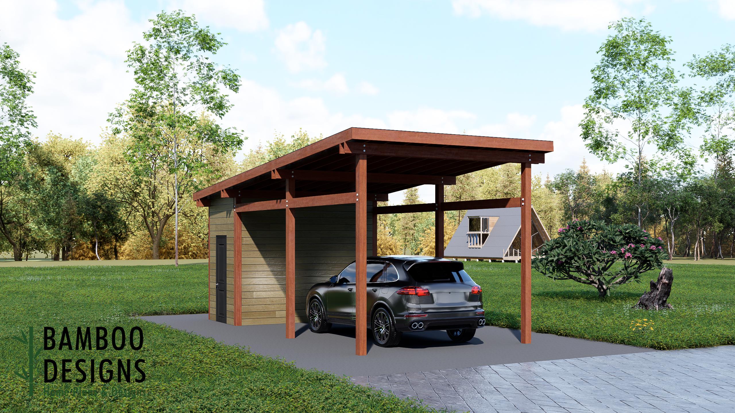 Image of Oslo Sleek Flat Roof DIY Carport Plan 12x26 - Open-Concept Modern Shelter with Attached Storage Shed - Instant Download Wood Framing Plans