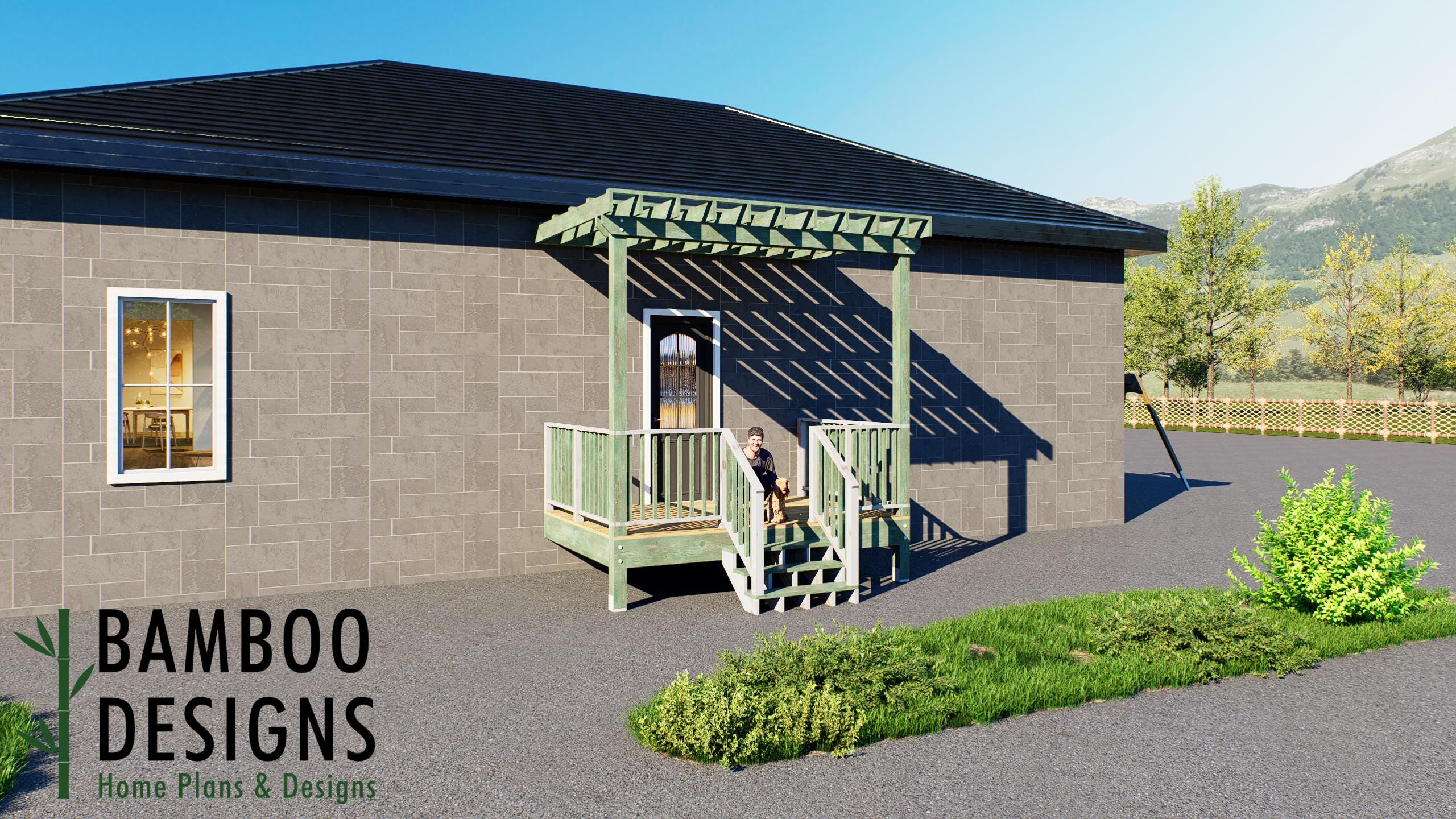 Image of Dio 8x12 Attached Deck Plan with Pergola - Compact Backyard Retreat with Modern Outdoor Living Style
