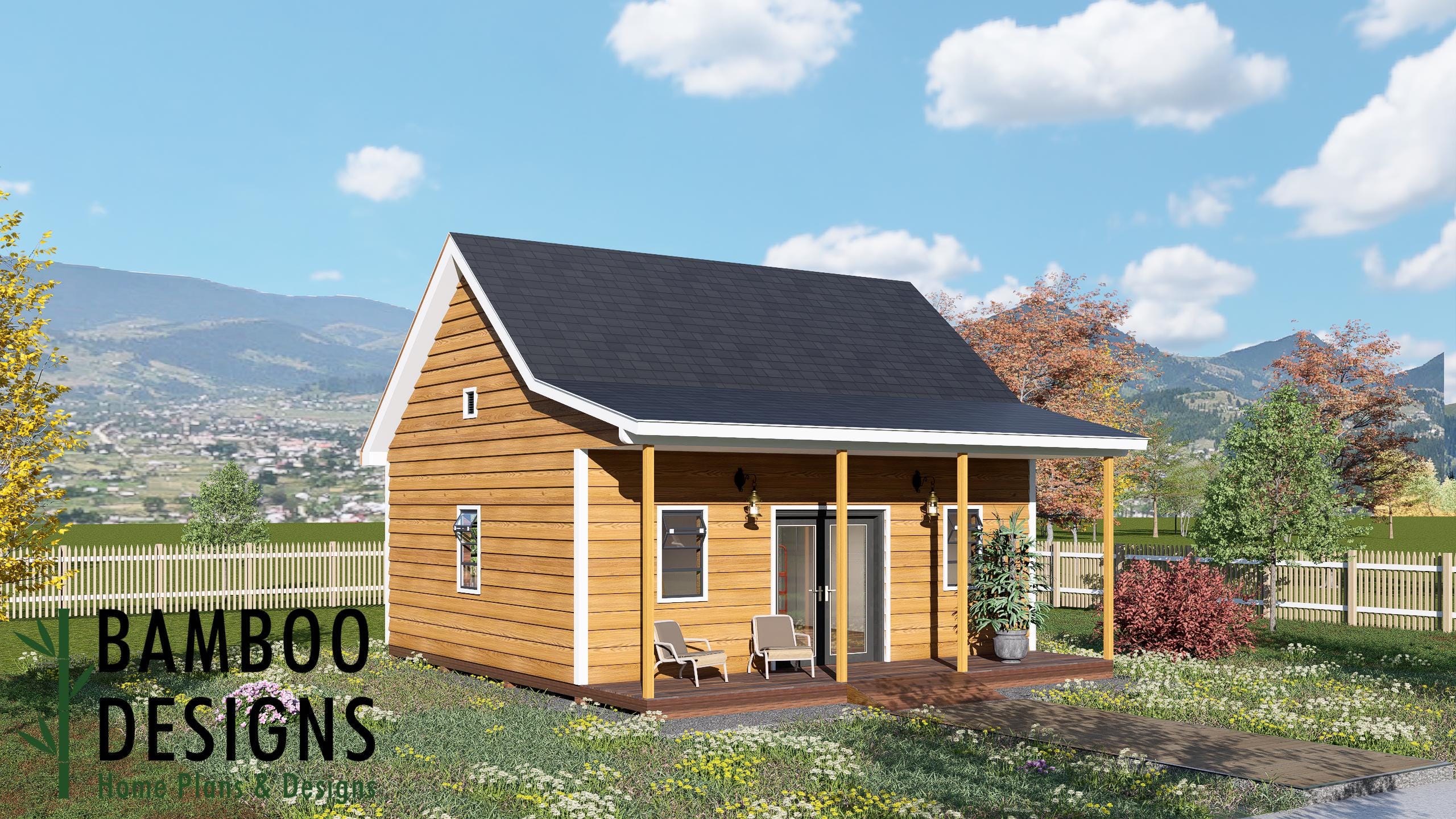 Image of Fanna 20x24 Porch Shed Plan - A Rustic Retreat with Classic Gable Roof & Covered Outdoor Space