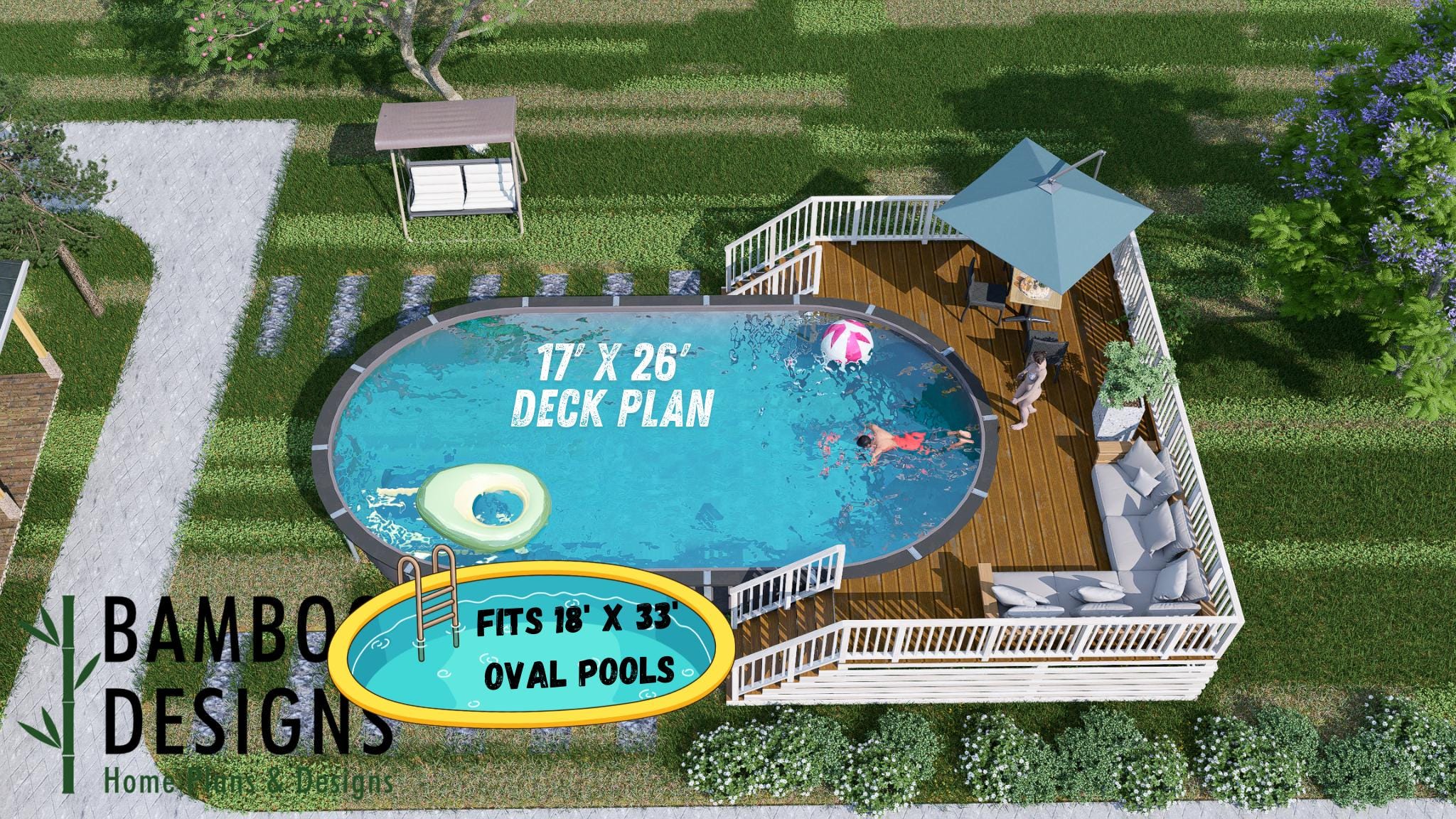 Brooksville 18x33 Oval Pool Deck Plan — Entertainer's Above-Ground Pool Deck with Dual Stair Access