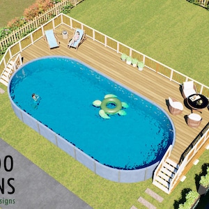 May include: An aerial view of an oval above-ground swimming pool with blue water, a green turtle-shaped float, and a wooden deck featuring lounge chairs, a table, and white railings. The text BAMBOO DESIGNS Home Plans & Designs is in the corner.