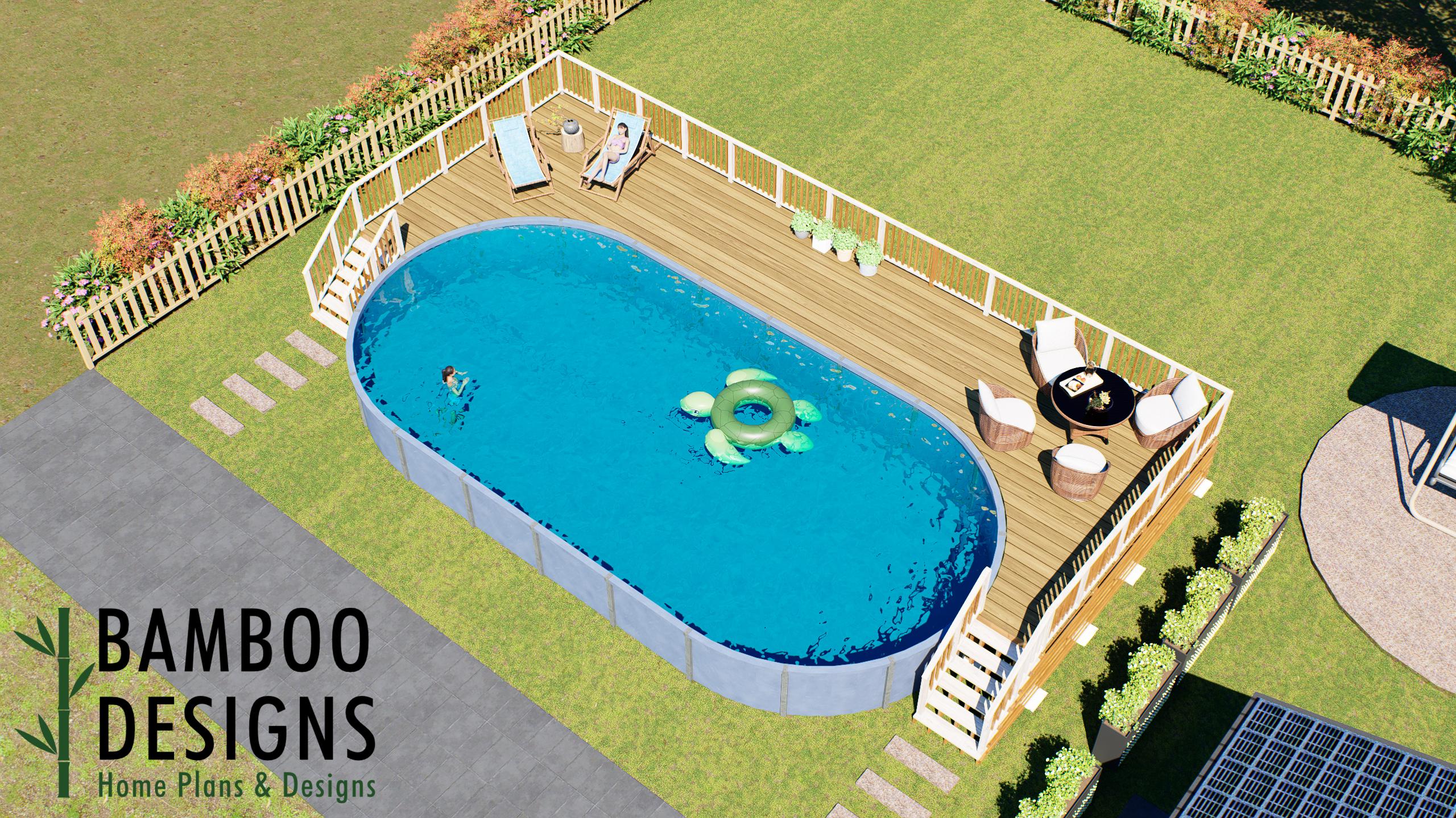 Image of Victory Oval Pool Deck Plan - 19'x51' Above-Ground Pool Deck with Multiple Staircases | DIY PDF Plans for 21'x43' Oval Pools