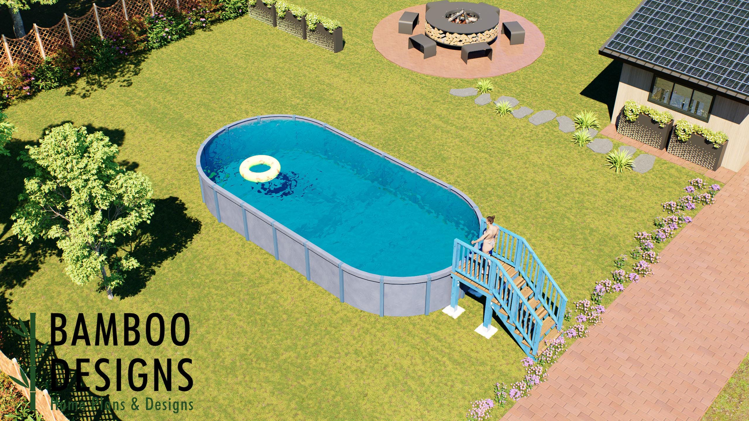 Image of Mulligan Oval Pool Deck Plan - 4x4 Compact Above-Ground Pool Entry Deck with Staircase | DIY PDF Plans